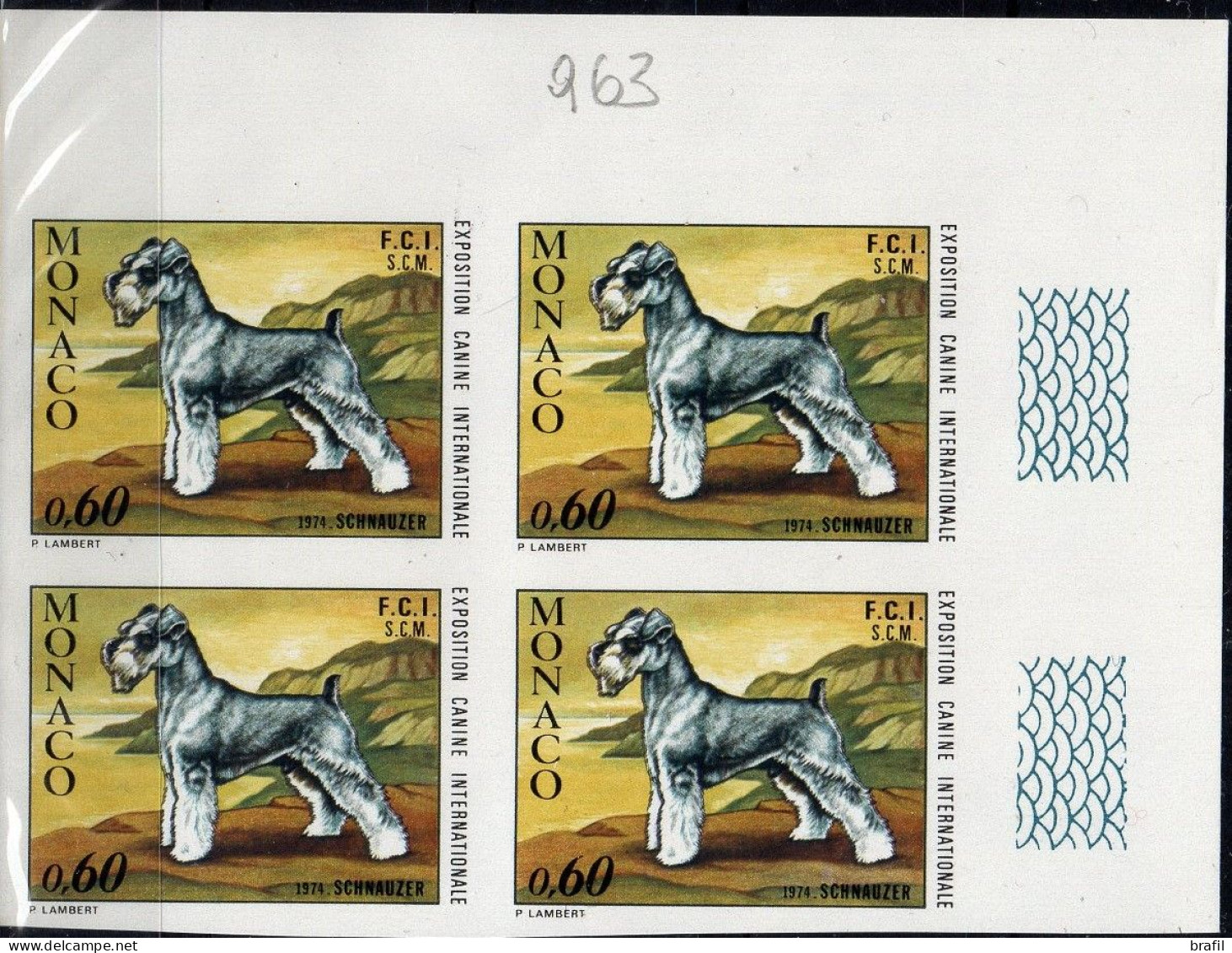 1974 Monaco, Cani SCHNAUZER Blocco Di 4 Non Dentellato /neuf Sans Charnière /MNH/** - Errors And Oddities