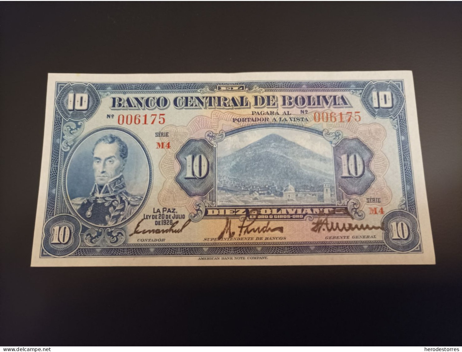 Billete Bolivia 10 Bolivianos, Año 1928, Nº Bajisimo 006175, AUNC - Bolivien