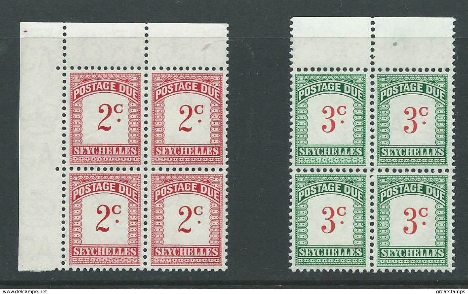 Seychelles Postage Due Stamps Sgd9 Sg D10 Mnh Blocks Of 4 Fresh. - Seychellen (...-1976)