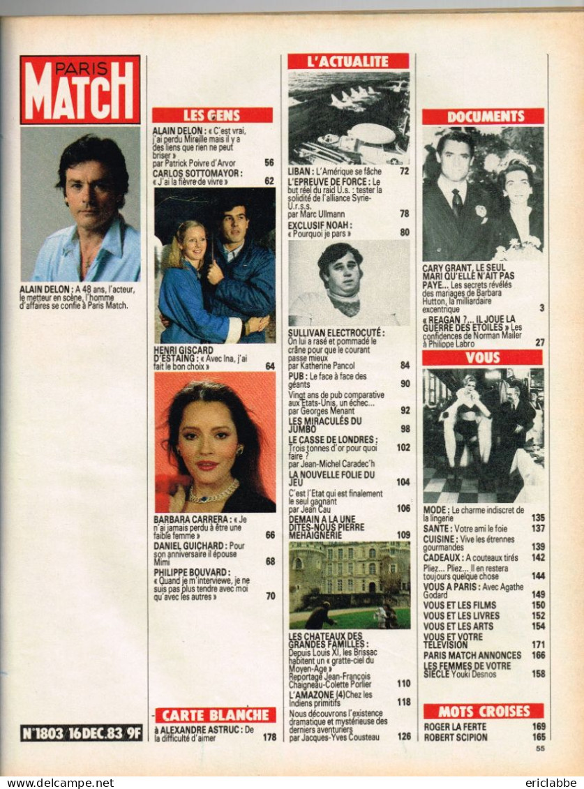 PARIS MATCH N°1803 Du 16 Décembre 1983 Alain Delon - Liban - Noah - Châteaux - Informations Générales