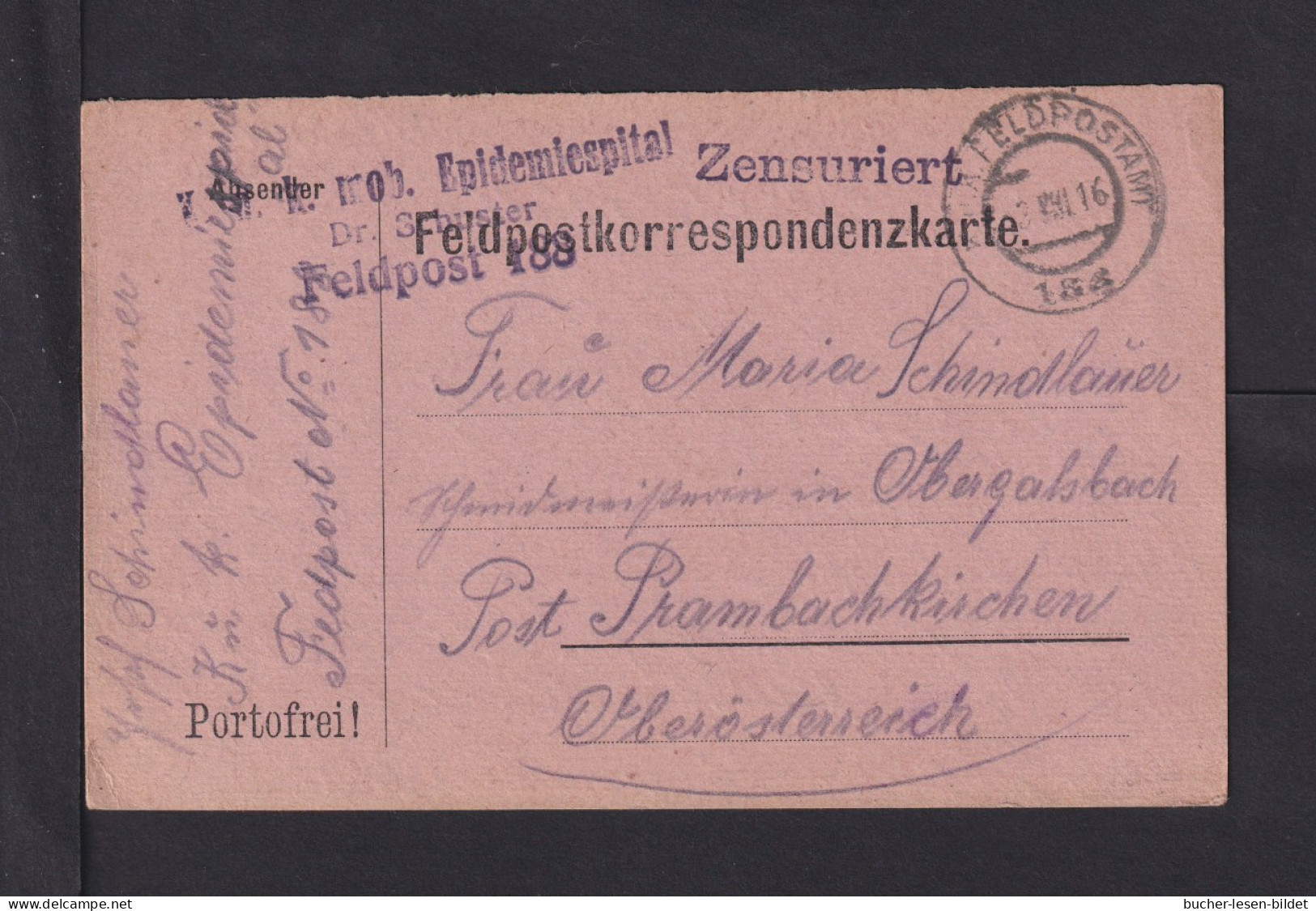 1916 - Feldpoststempel "K. U. K. Mob. Epidemiespital Dr. Schuster.."  - Feldpostkarte - Malattie