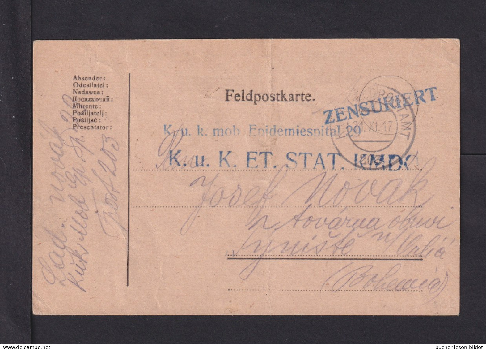 1917 - Feldpoststempel "K.u.k. Mob.Epidemie Spital Nr 29"  -  Zensur - Feldpostkarte - Malattie