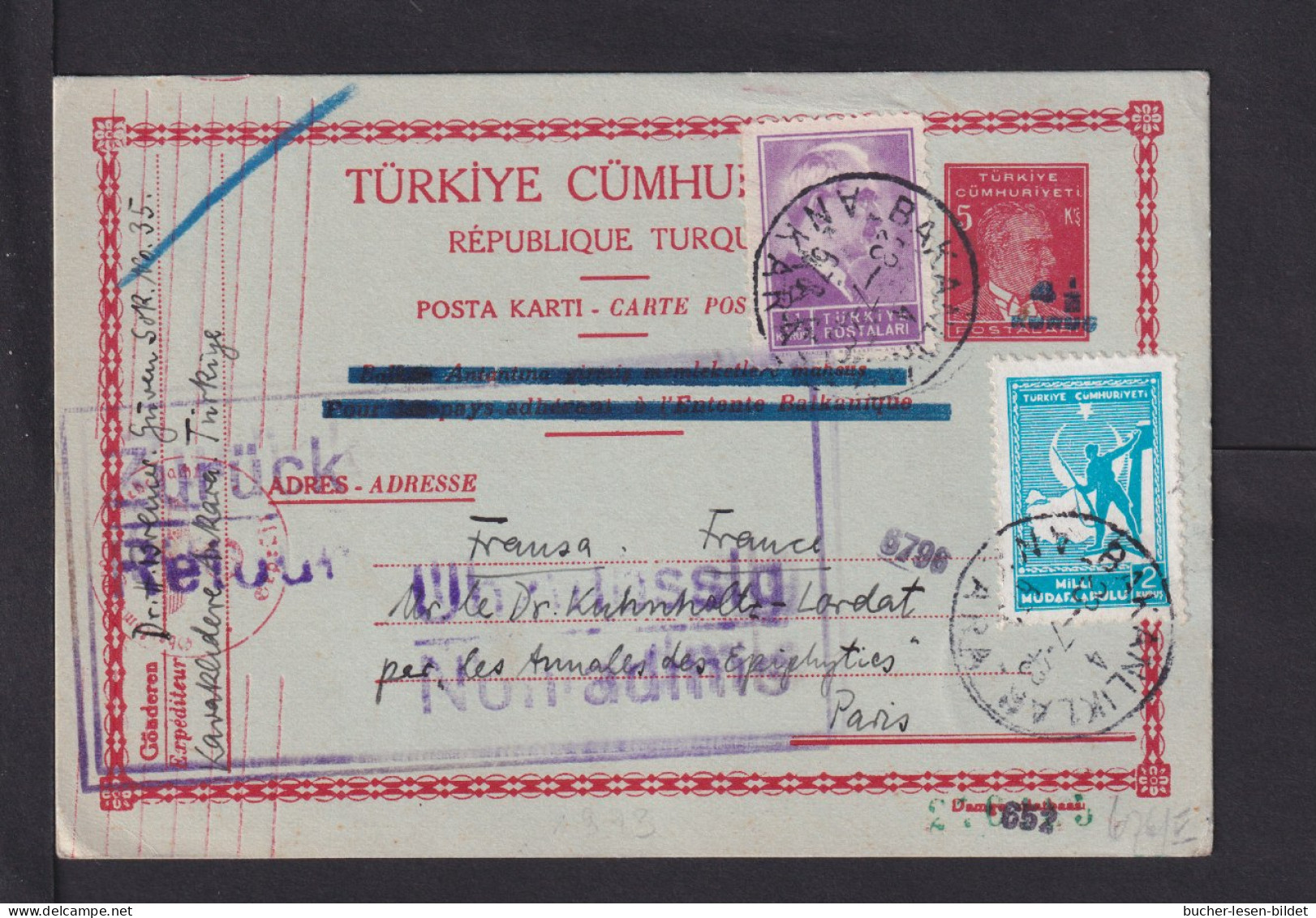 1943 - Ganzsache Ab Ankara Nach Paris - Stempel "Zurück... Unzulässig" - WW2