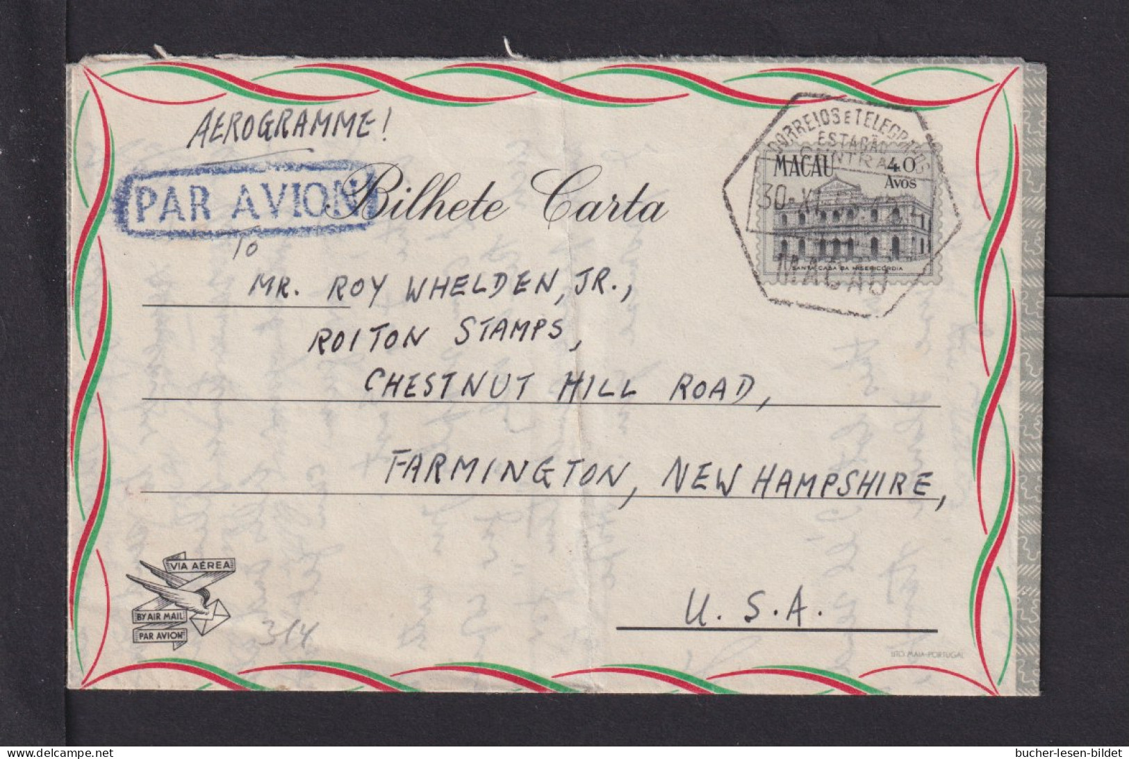 1955 - 40 Av. Ganzsache (Aerogramm) Ab Macau Nach USA - Storia Postale