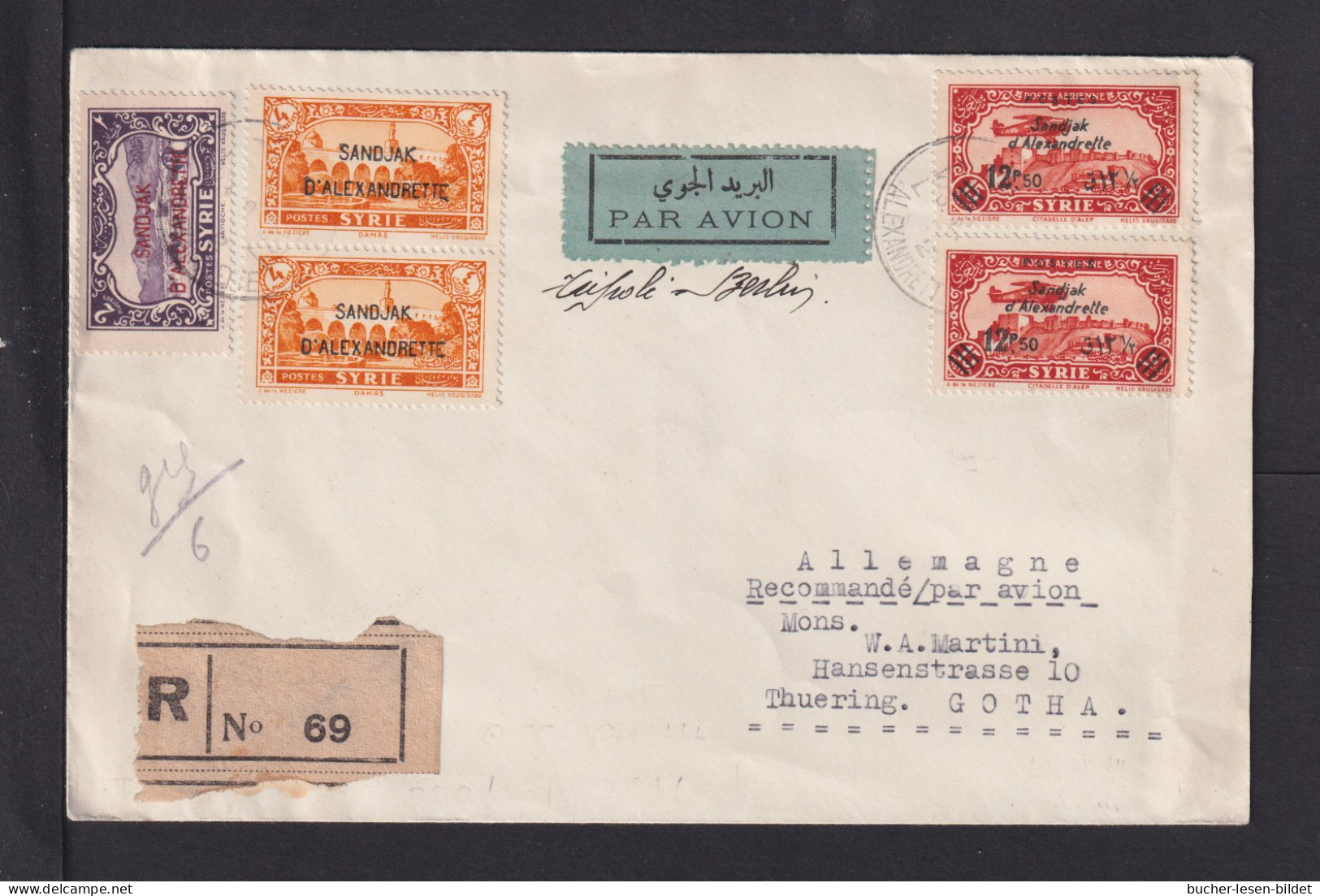 ALEXANDRETTE - 1938 - Überdrucke Auf Luftpost-Einschreibbrief Nach Gotha - 1934-39 Sandjak Alexandrette & Hatay