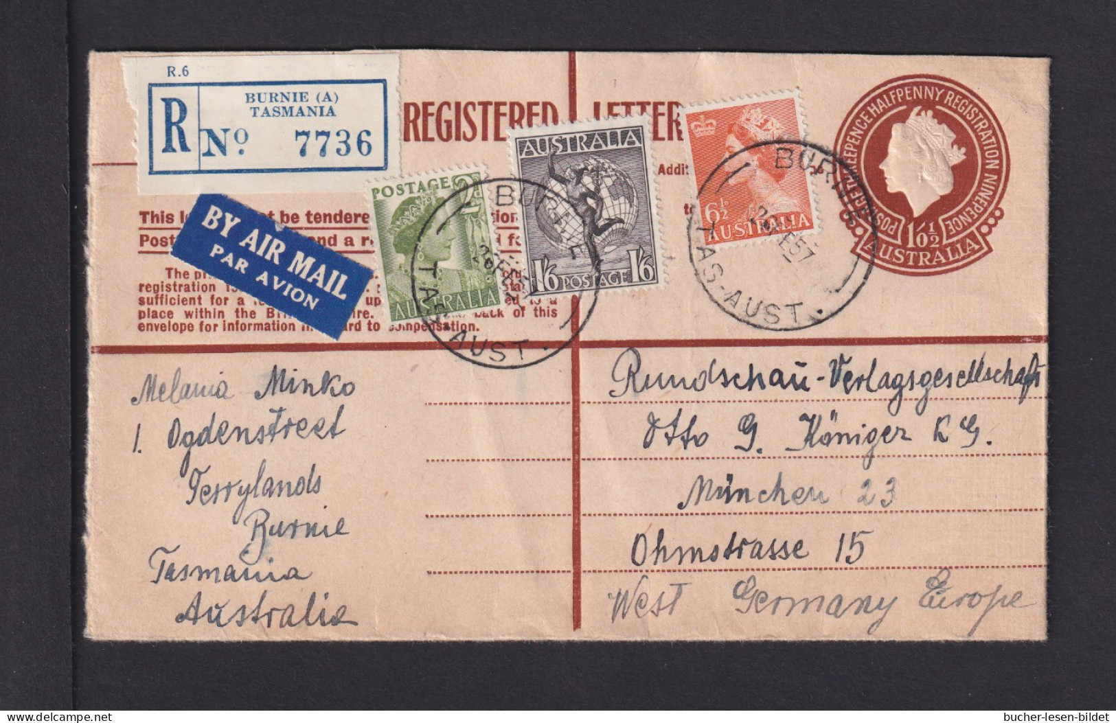 1957 - Einschreib-Ganzsache Mit Zufrankatur Als Luftpost-Einschreiben Ab BURNIE (Tasmanien) Nach München - Brieven En Documenten