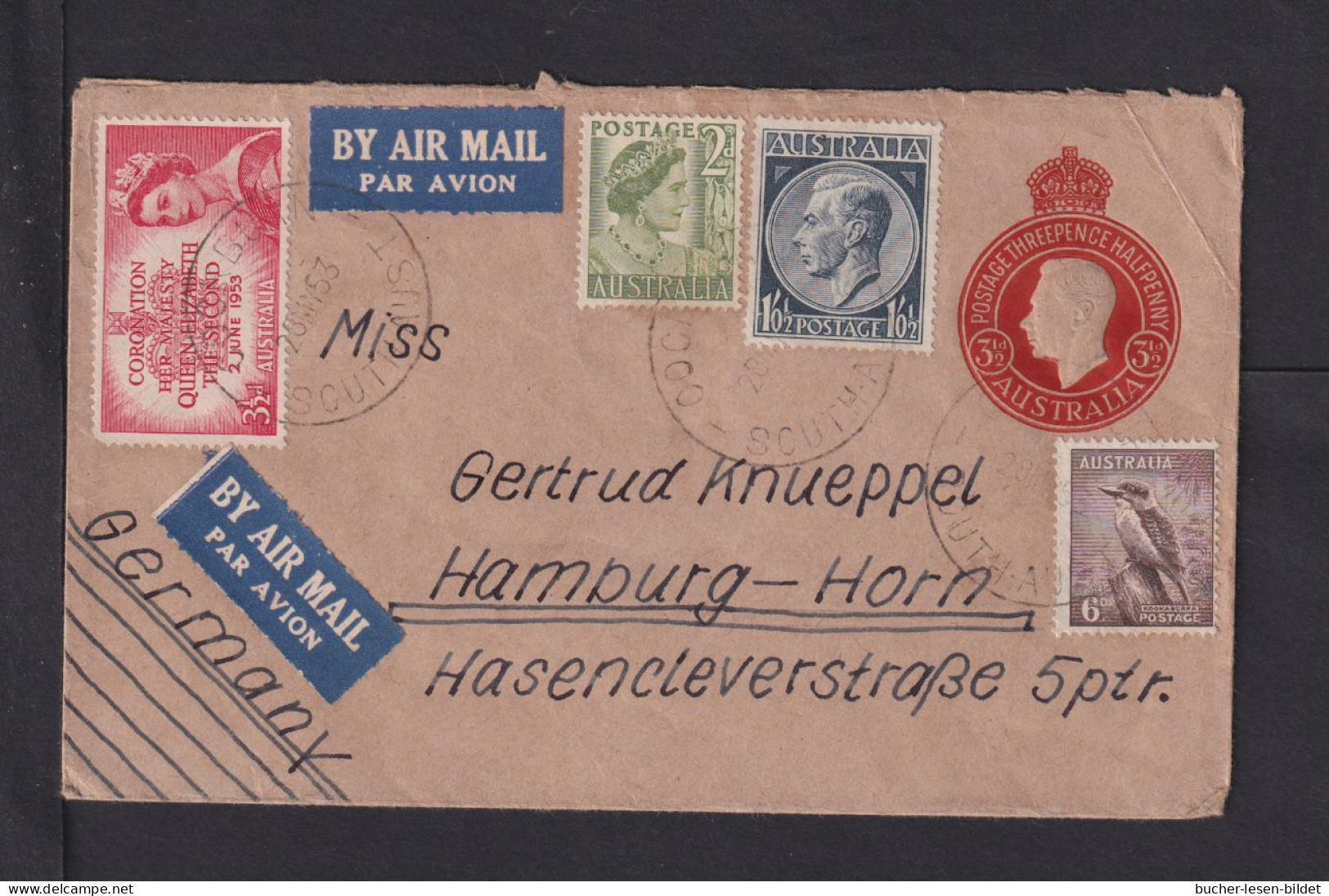 1953 - 3 1/2 P. Ganzsache Mit Zufrankatur Mit Luftpost Ab COCKBRUN Nach Hamburg - Storia Postale