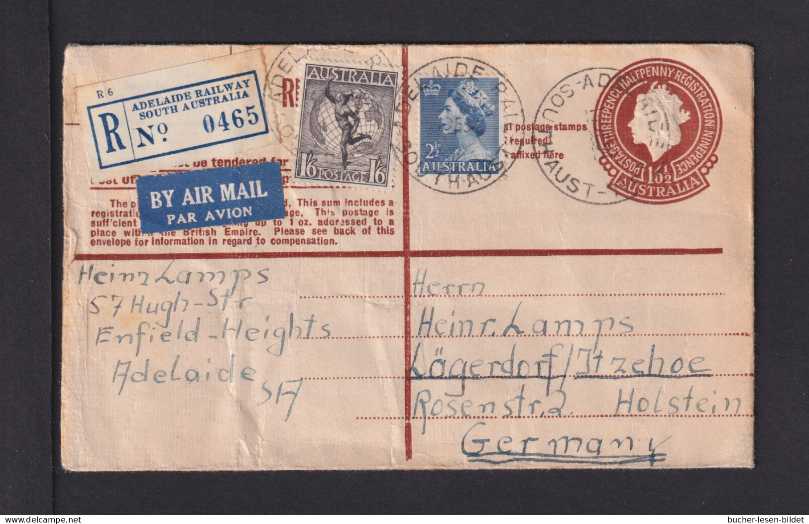 1954 - Einschreib-Ganzsache Mit Zufrankaur Als Luftpost-Einschreiben Ab ADELAIDE RAILWAY Nach Itzehoe - Cartas & Documentos