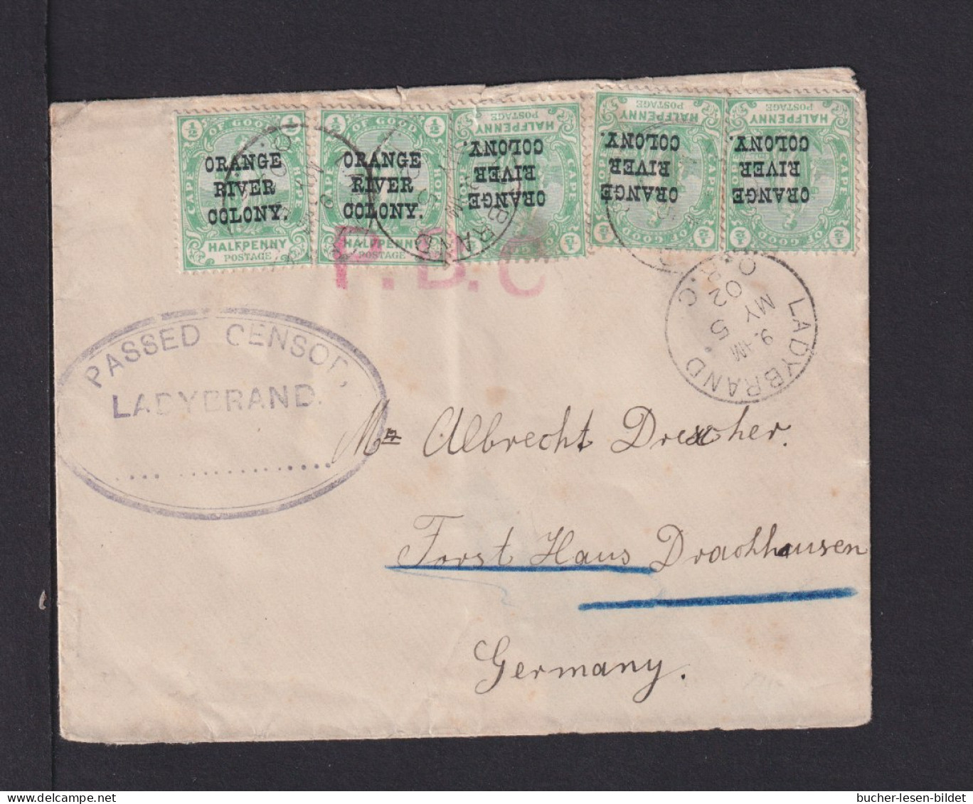 1902 - 5x 1/2 P. Auf Brief Ab LADYBRAND Nach Deutschland - Zensur - Kap Der Guten Hoffnung (1853-1904)