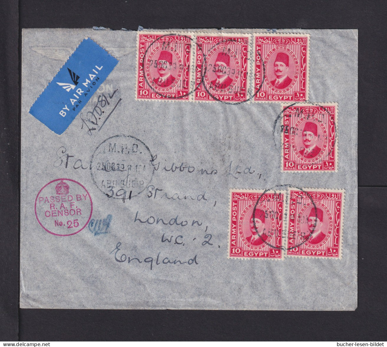 1939 - 6x 10 M. Auf Luftpostbrief Ab ABU SUEIR Nach London - Zensur - Covers & Documents
