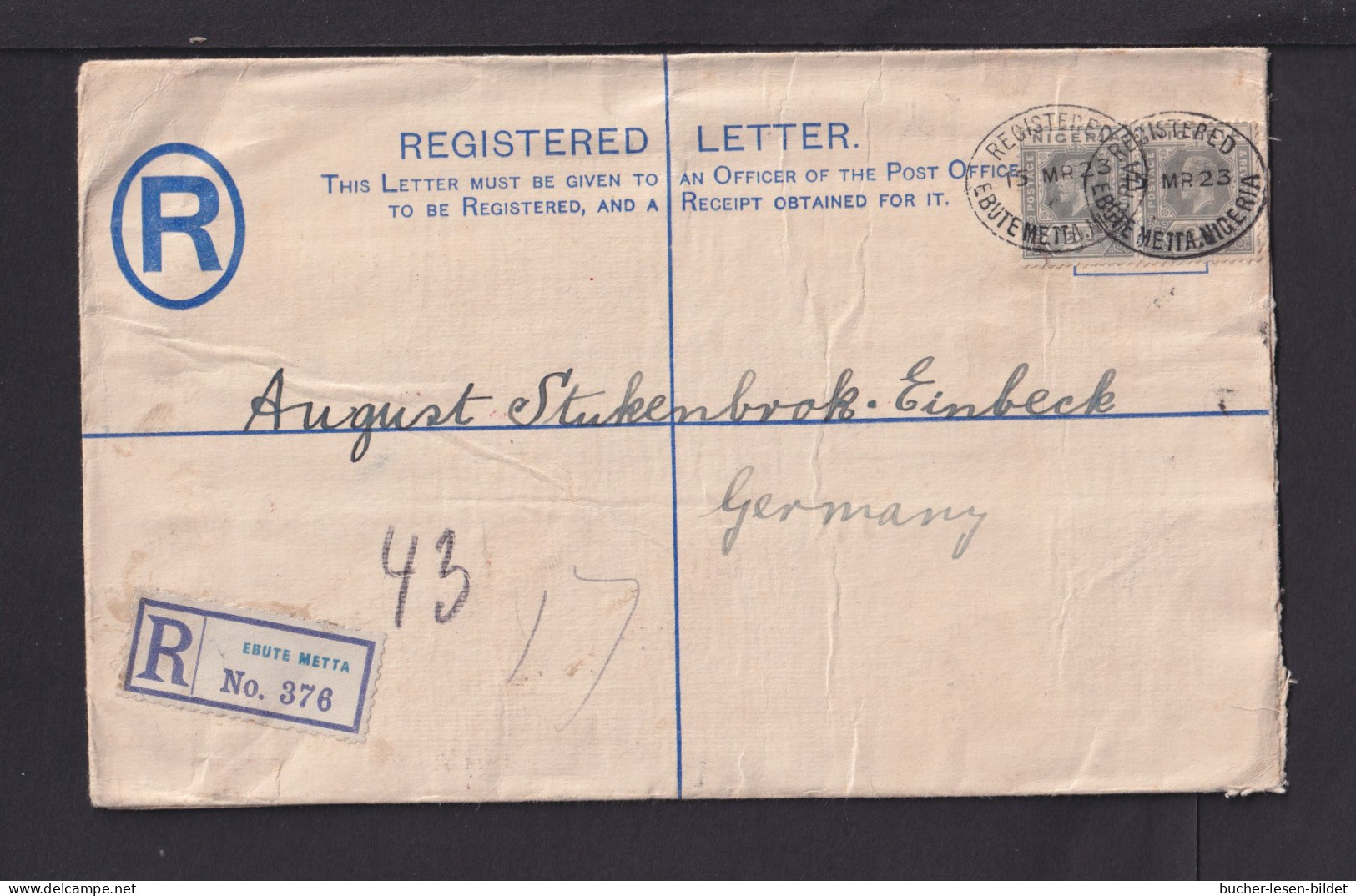 1923 - 2 P. Einschreib-Ganzsache Mit Zufrankatur Ab EBUTE  METTA Nach Deutschland - Nigeria (...-1960)