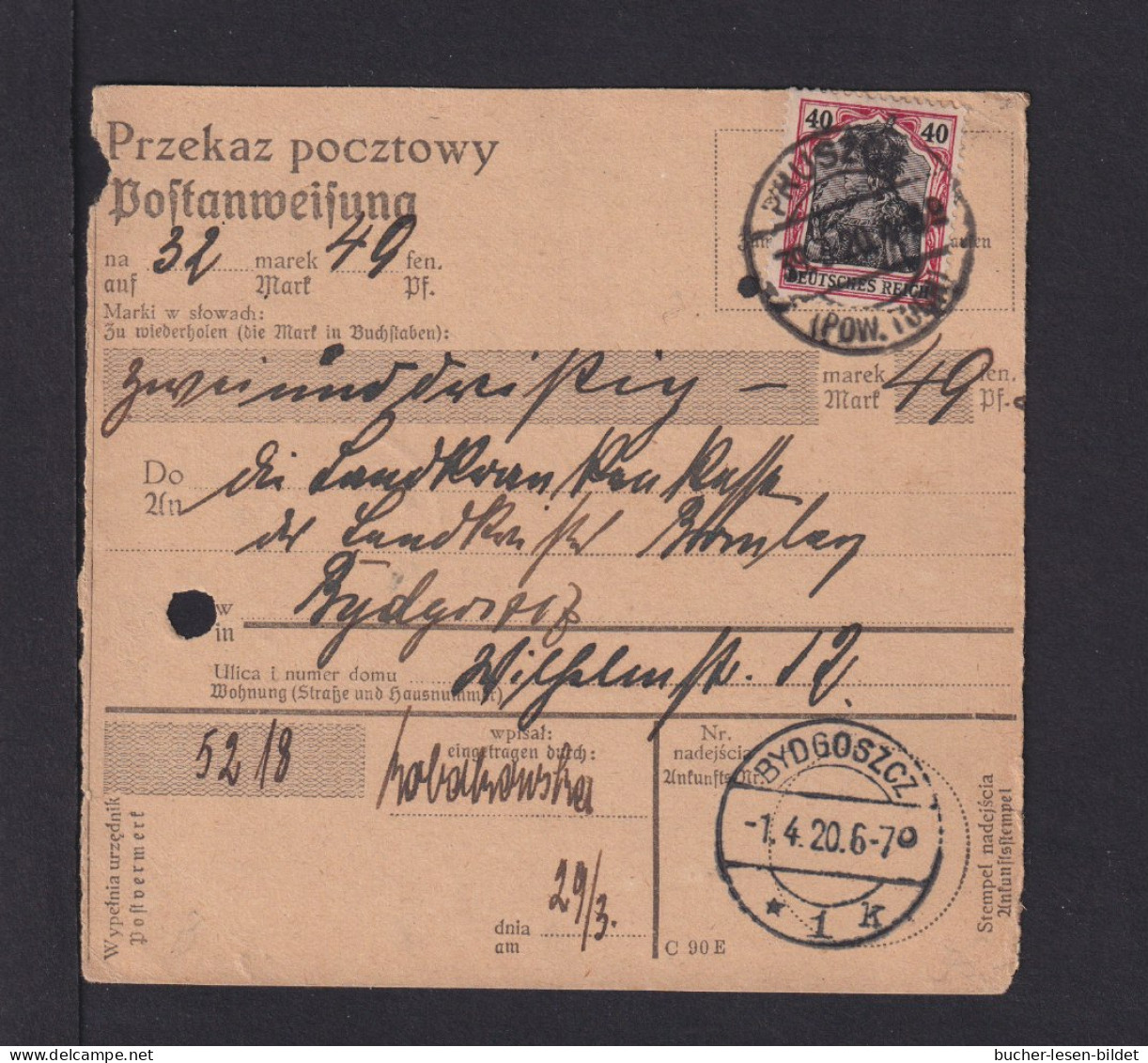 1920 - 40 Pf. Germania Auf Postanweisung Ab Pruscze Nach Bydgoszcz - Lettres & Documents