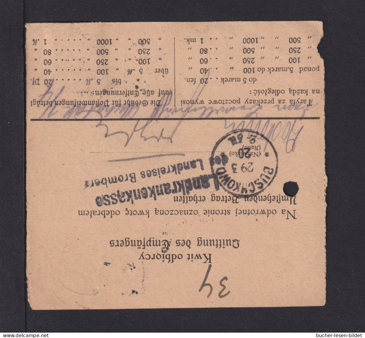 1920 - 40 Pf. Germania Auf Postanweisung Ab Pruscze Nach Bydgoszcz - Lettres & Documents