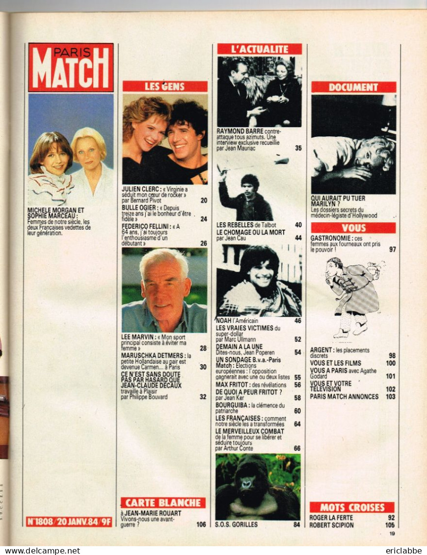 PARIS MATCH N°1808 Du 20 Janvier 1984 Michèle Morgan Et Sophie Marceau - Talbot - Noah - Les Françaises - Informations Générales