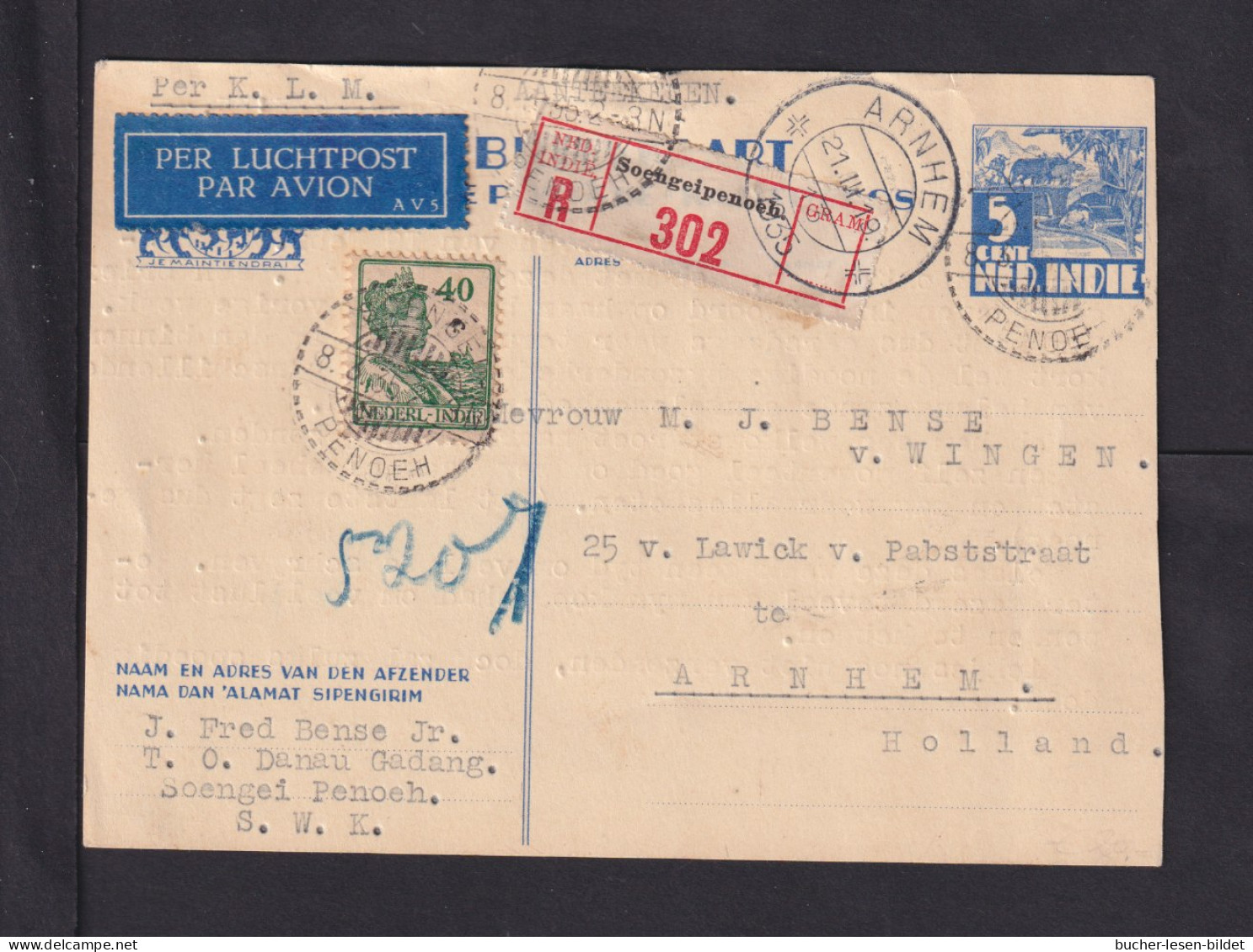 1935 - 5 C. Ganzsache Mit 40 C. Zufrankiert Als Luftpost-Einschreiben Ab SOENGEIPENOEH Nach Arnhem - Niederländisch-Indien