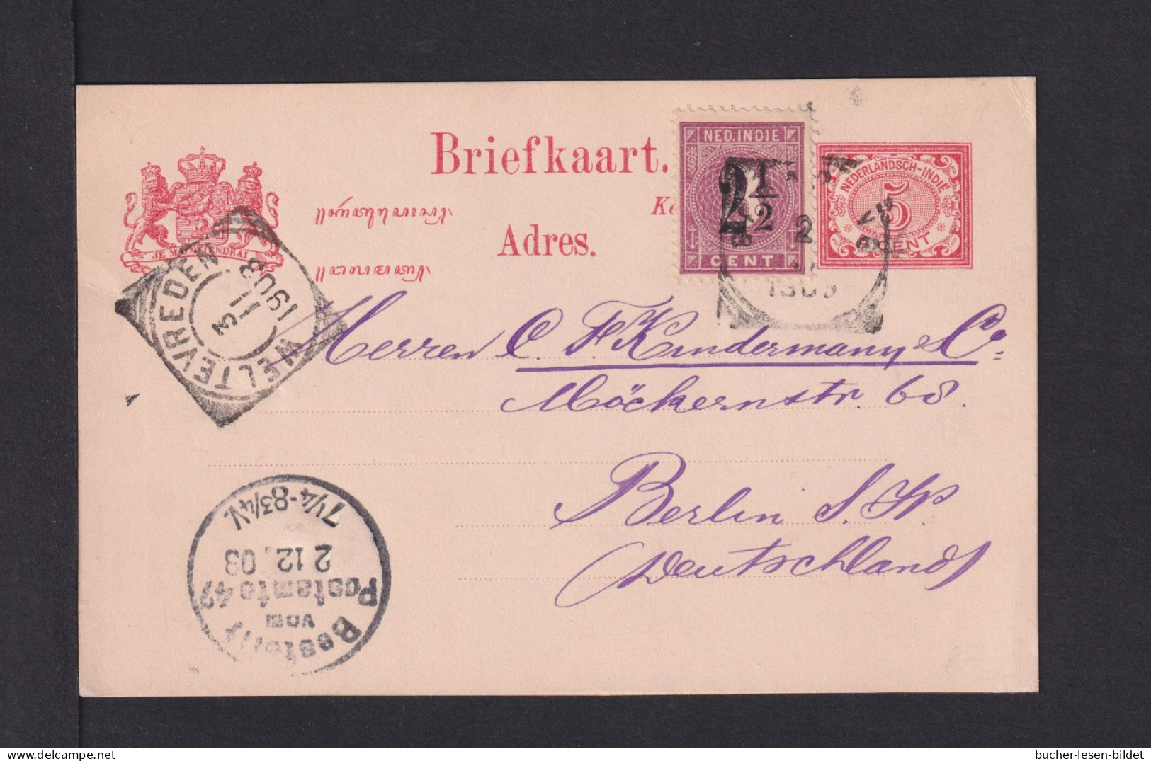 1903 - 2 1/2 C. Überdruck Als Zufrankatur Auf 5 C. Ganzsache Ab Semerang Nach Berlin - Niederländisch-Indien