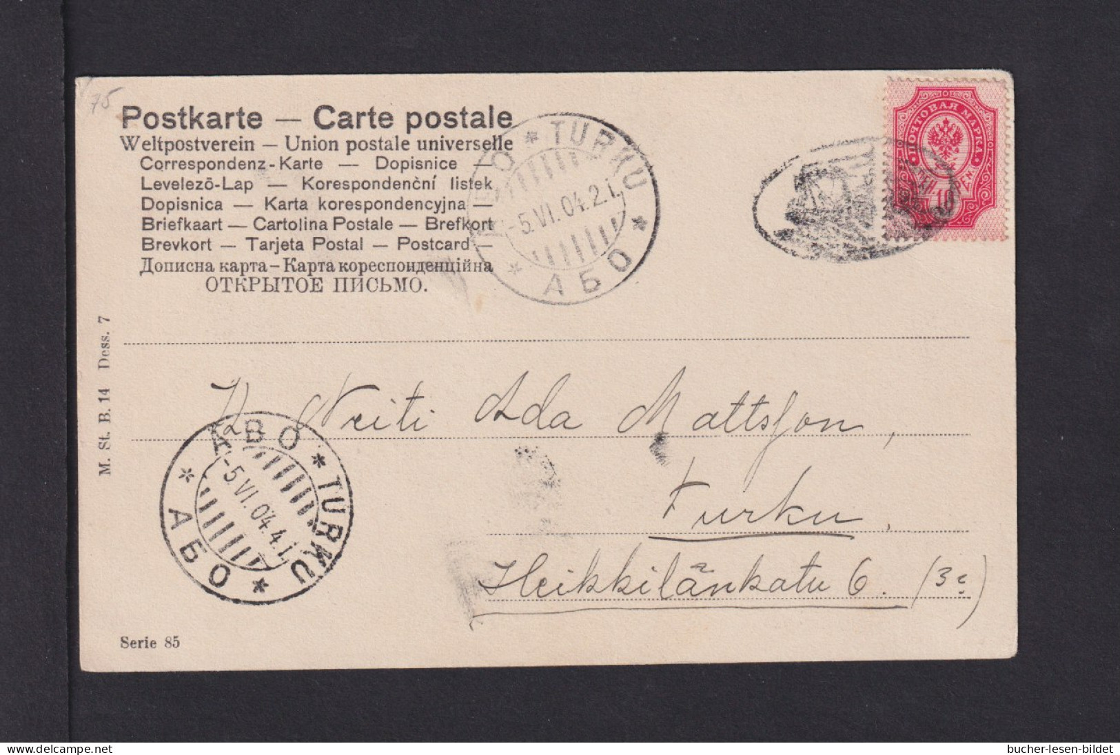 1904 - 10 P. Auf Karte Nach Abo - Entwertet Mich Schiffchen-Stempel - Cartas & Documentos