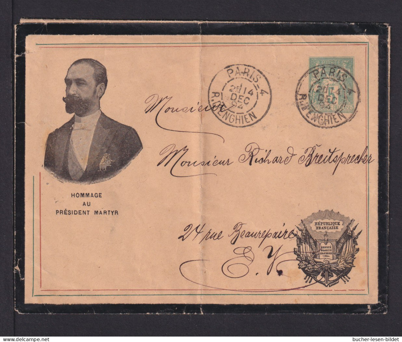 1894 - 5 C. Privat Ganzsache "President Martyr" - In Paris Gebraucht - Private Stationery