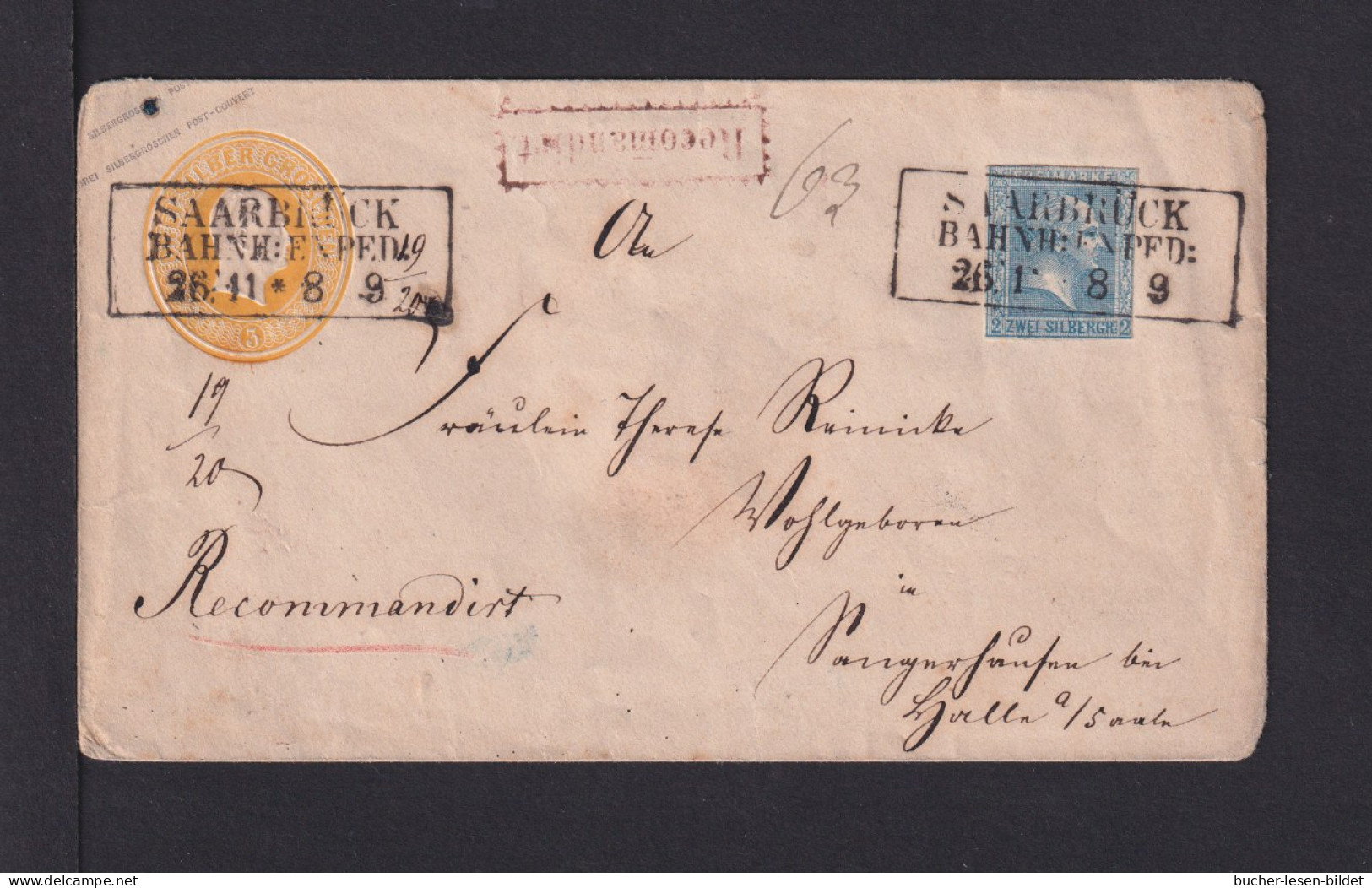 3 Sgr. Ganzsache Mit 2 Sgr. Zufrankiert Als Einschreiben Ab SAARBRÜCK Nach Halle - Postal  Stationery