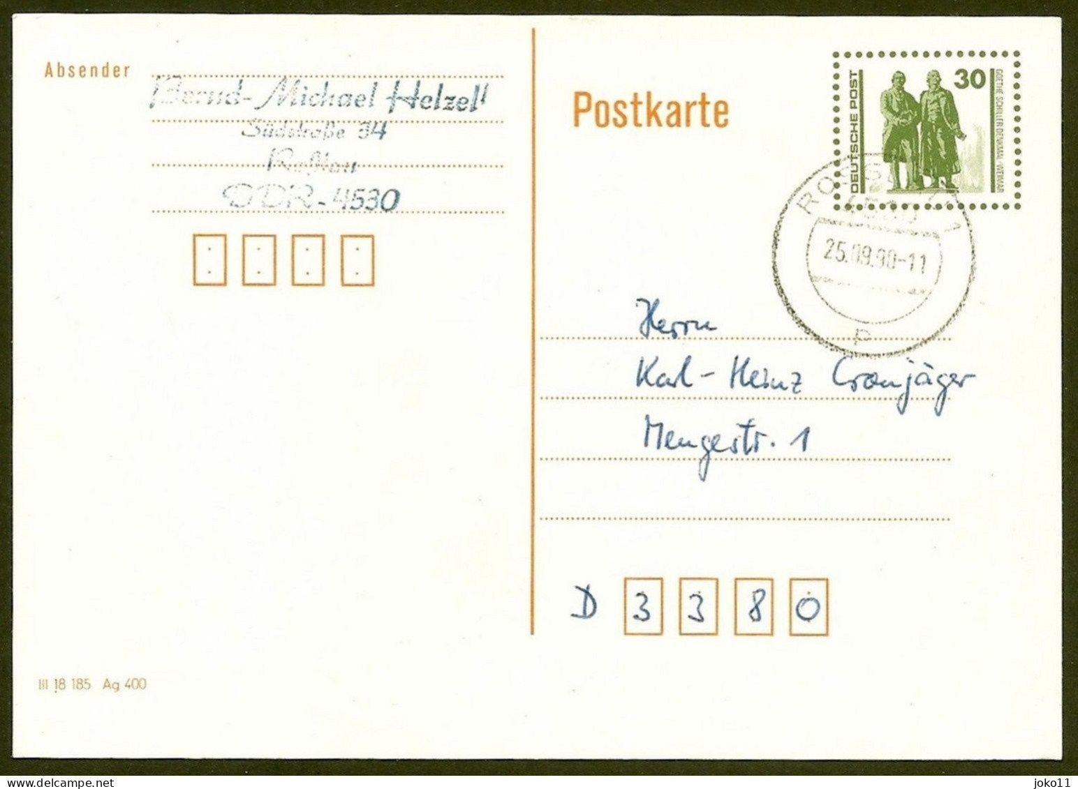 DDR, 1990, Ganzsache, Postkarte, Gelaufen, - Postales - Usados