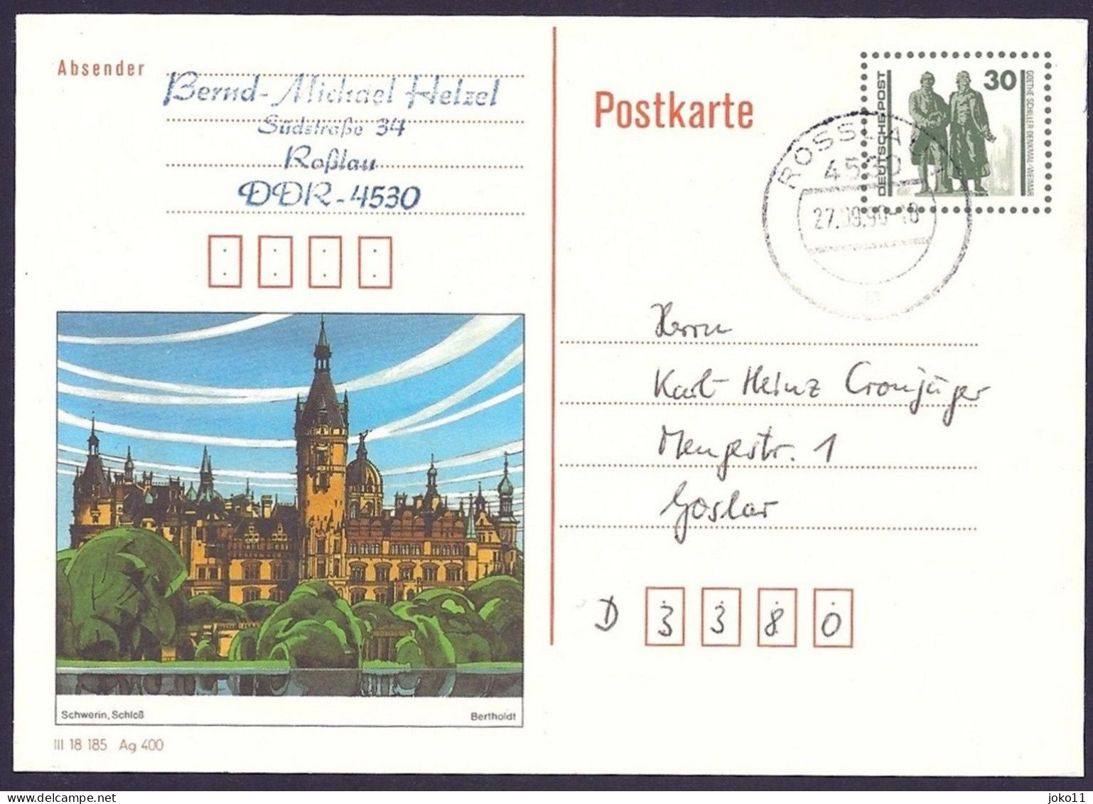 DDR, 1990, Ganzsache, Postkarte, Schwerin, Schloß, Gelaufen, - Cartes Postales - Oblitérées