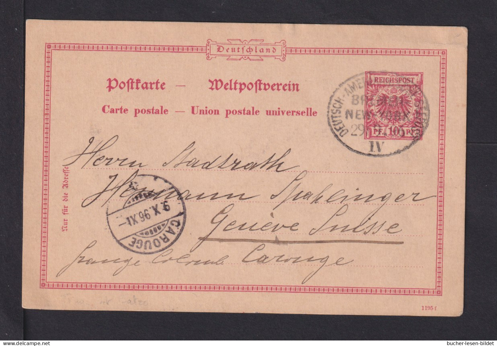 1896 - 10 Pf. Ganzsache Nach Geneve - Schiffspoststempel Bremen/New York IV - Marítimo