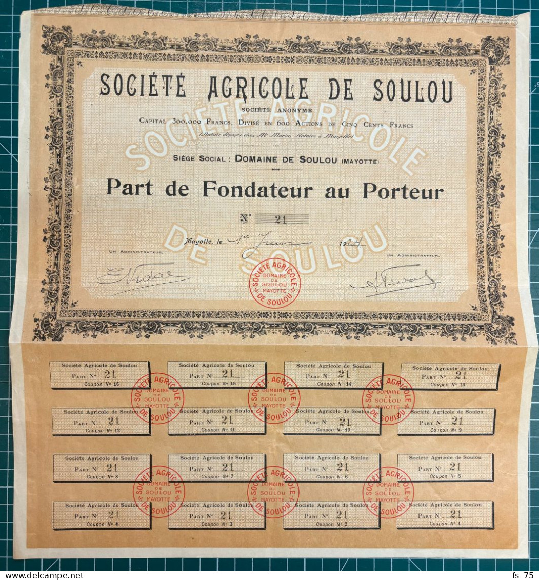 TITRES - AFRIQUE - SOCIETE AGRICOLE DE SOULOU MAYOTTE PART DE FONDATEUR 21 / 600 - Afrika