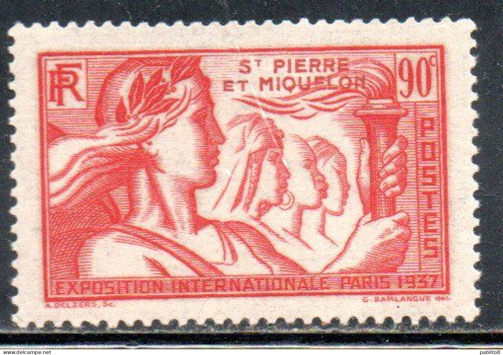 ST. SAINT PIERRE AND ET MIQUELON 1937 PARIS INTERNATIONAL EXPOSITION ISSUE 90c MLH - Neufs