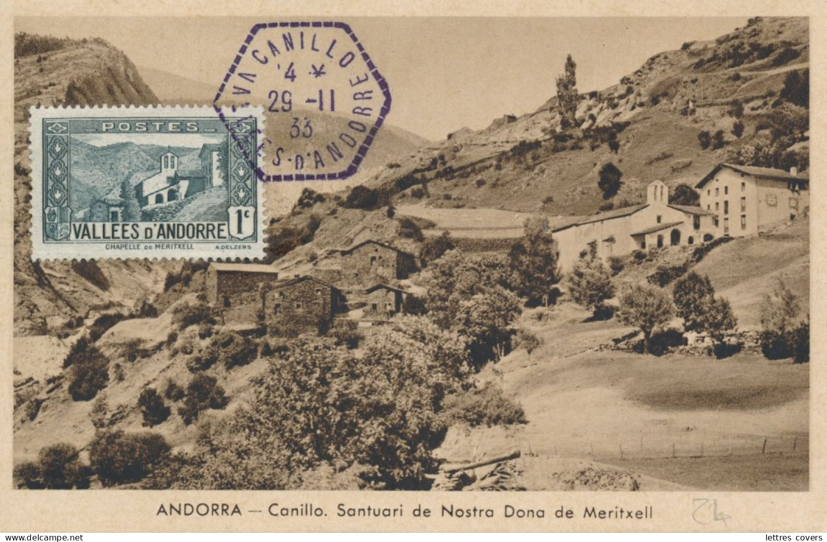 1933 ANDORRE  N° 24 Chapelle De Meritxell Carte Maximum Obl CANILLO 29/11/33  - Andorra Maxi Card PC - Maximumkarten (MC)