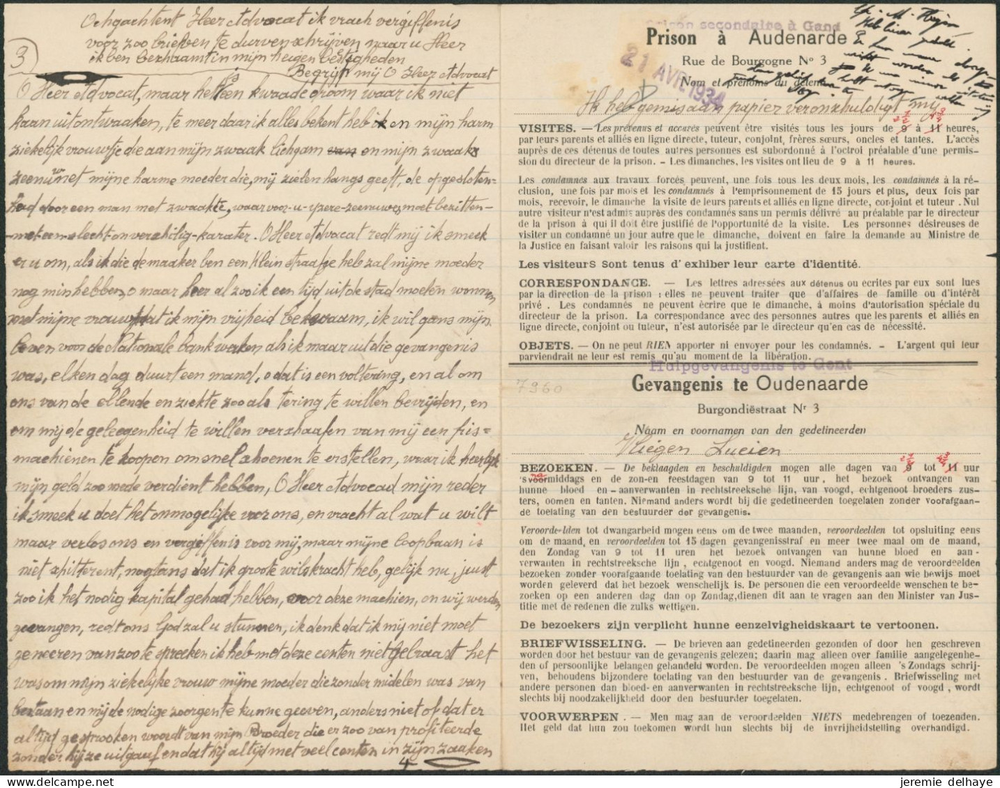 Prisonnier - Lettre Imprimée De La Prison à Audenarde / Oudenaarde (1934, Prison Secondaire à Gand) Bilingue + Texte NL - Landpost (Ruralpost)