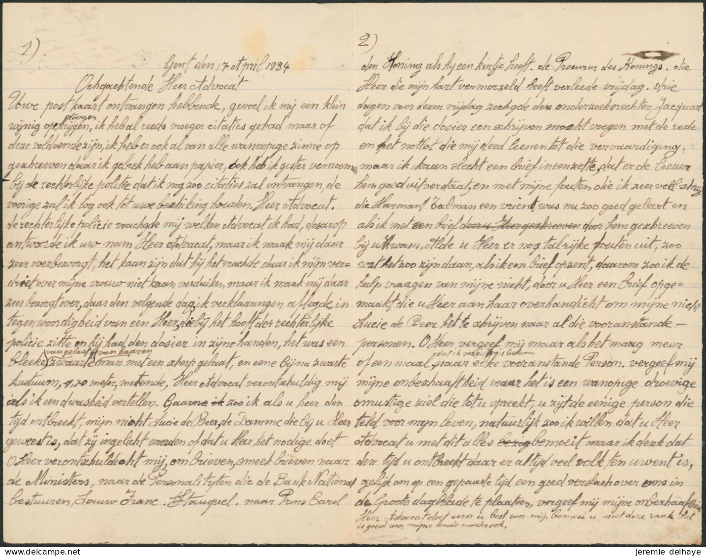 Prisonnier - Lettre Imprimée De La Prison à Audenarde / Oudenaarde (1934, Prison Secondaire à Gand) Bilingue + Texte NL - Landelijks Post