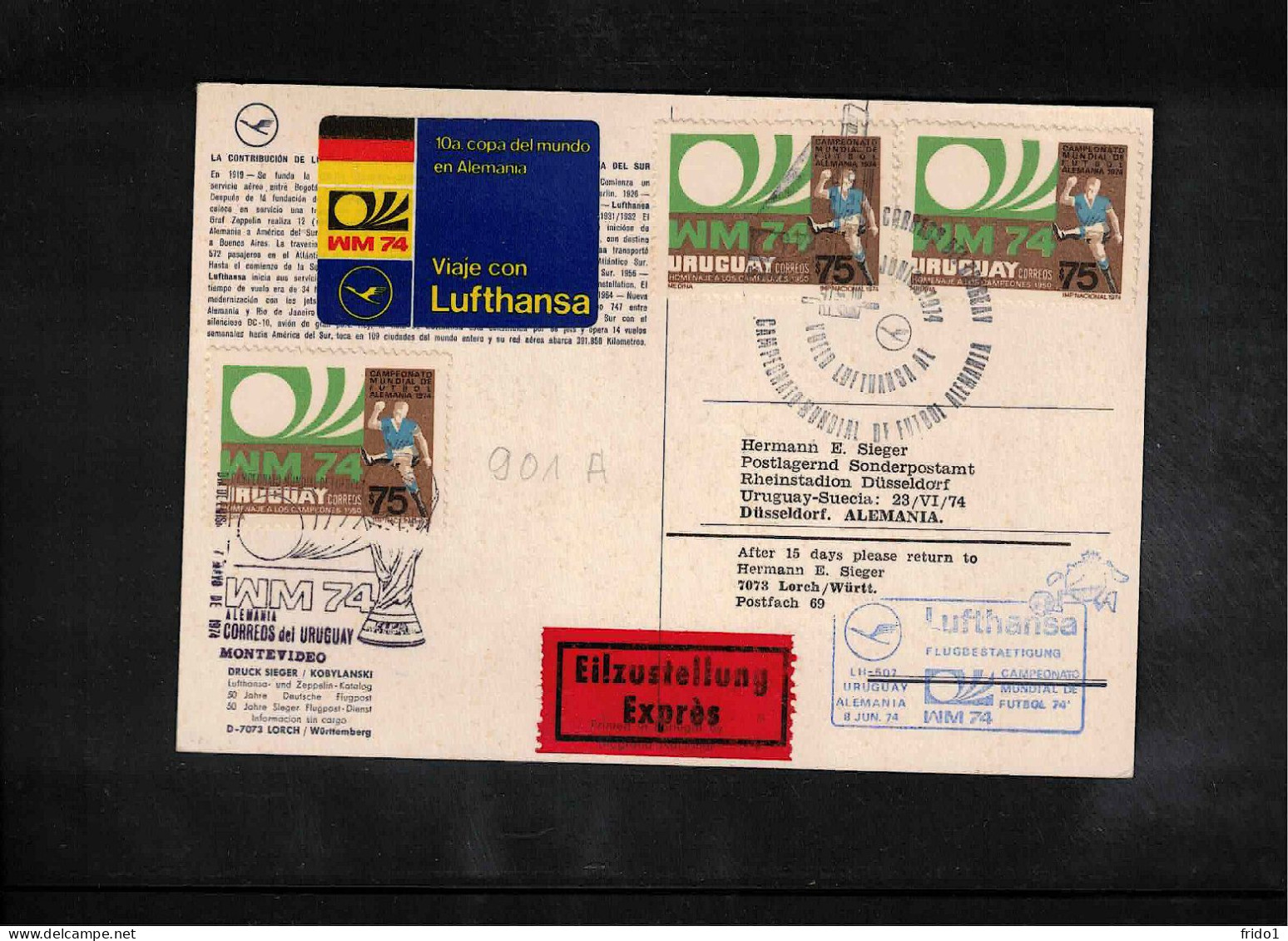 Uruguay 1974 World Football Cup Germany - Lufthansa Flight Uruguay- Germany Interesting Postcard - 1974 – Allemagne Fédérale