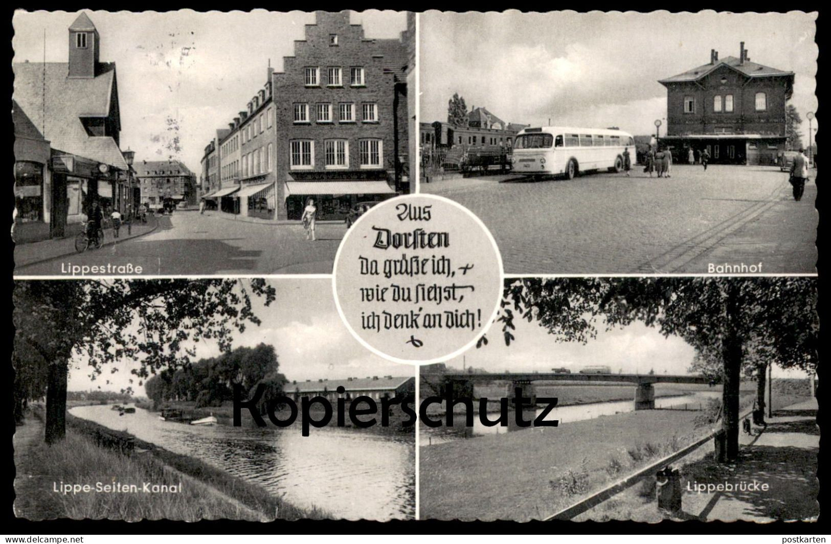 ÄLTERE POSTKARTE AUS DORSTEN GRÜSSE ICH BAHNHOF BUS LIPPESTRASSE LIPPE-SEITEN-KANAL LIPPEBRÜCKE Ansichtskarte Postcard - Dorsten