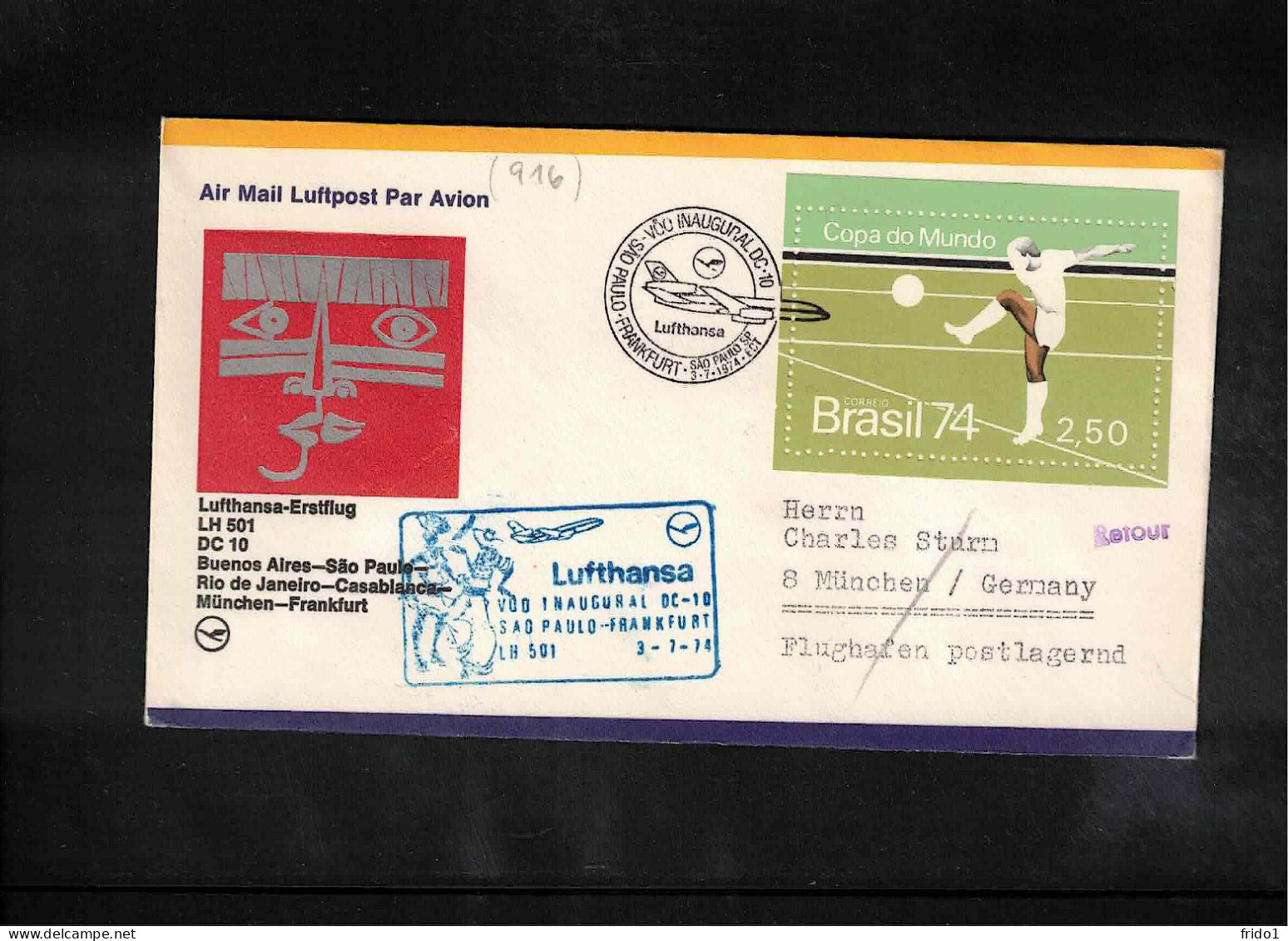 Brazil 1974 World Football Cup Germany - Lufthansa Flight Sao-Paulo - Frankfurt Interesting Postcard - 1974 – Alemania Occidental