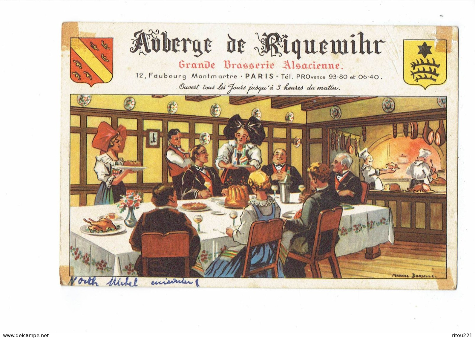 Cpa Illustration Marcel Derulle - PARIS - Auberge De RIQUEWIHR - Brasserie Alsacienne Cuisinier Poulet Rôti Gâteau - Hotels & Restaurants