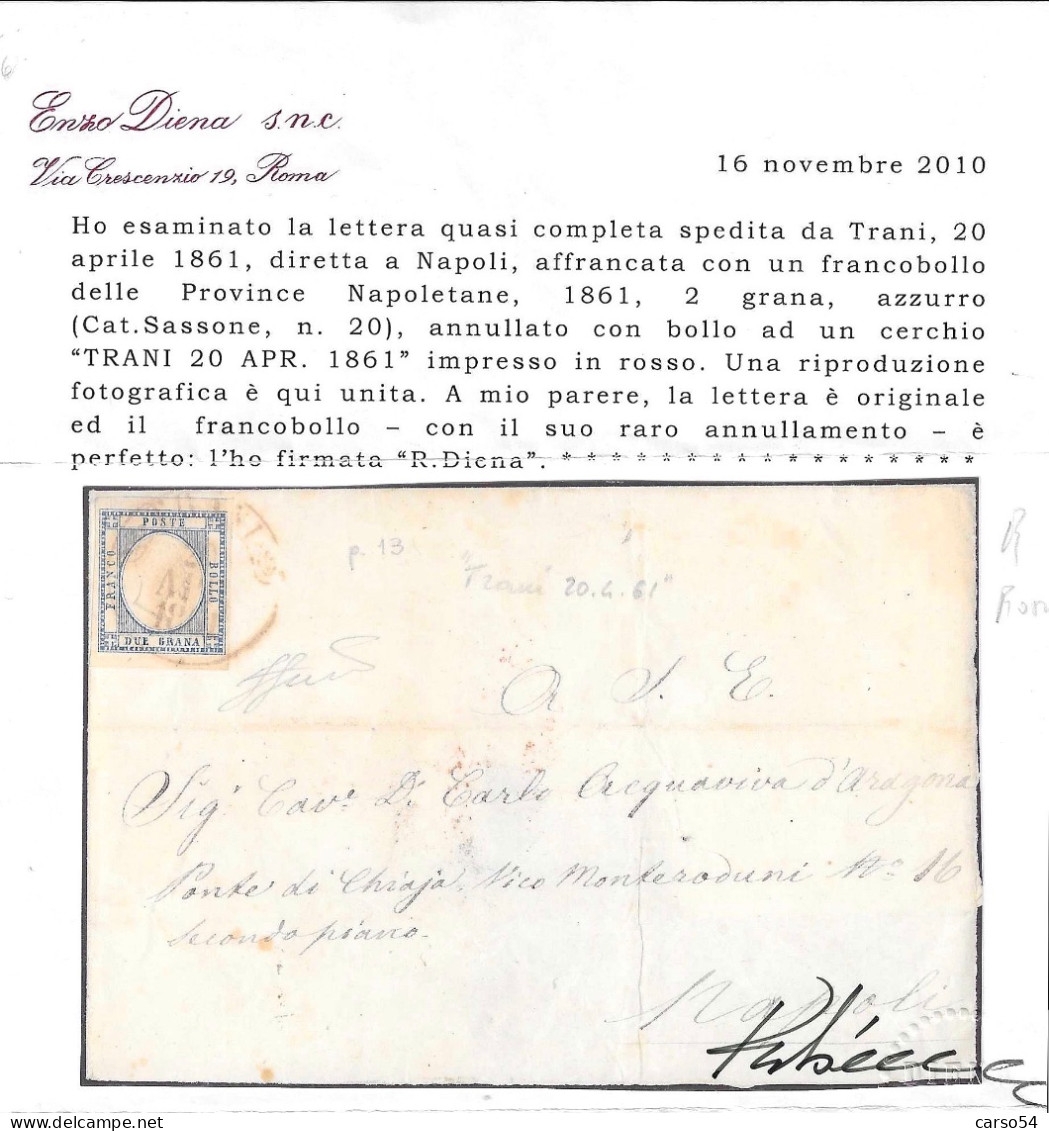 PROVINCE NAPOLETANE - 1861 - Lettera Da Trani Affrancata Con 2 Grana Azzurro (Sass. N. 20) Annullo P.ti 13 Valore 9.075 - Napels
