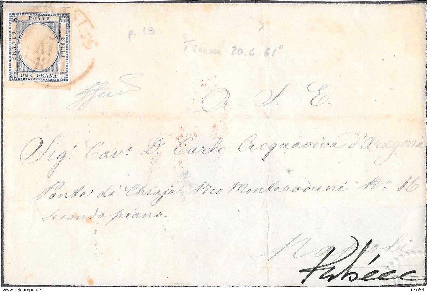 PROVINCE NAPOLETANE - 1861 - Lettera Da Trani Affrancata Con 2 Grana Azzurro (Sass. N. 20) Annullo P.ti 13 Valore 9.075 - Neapel