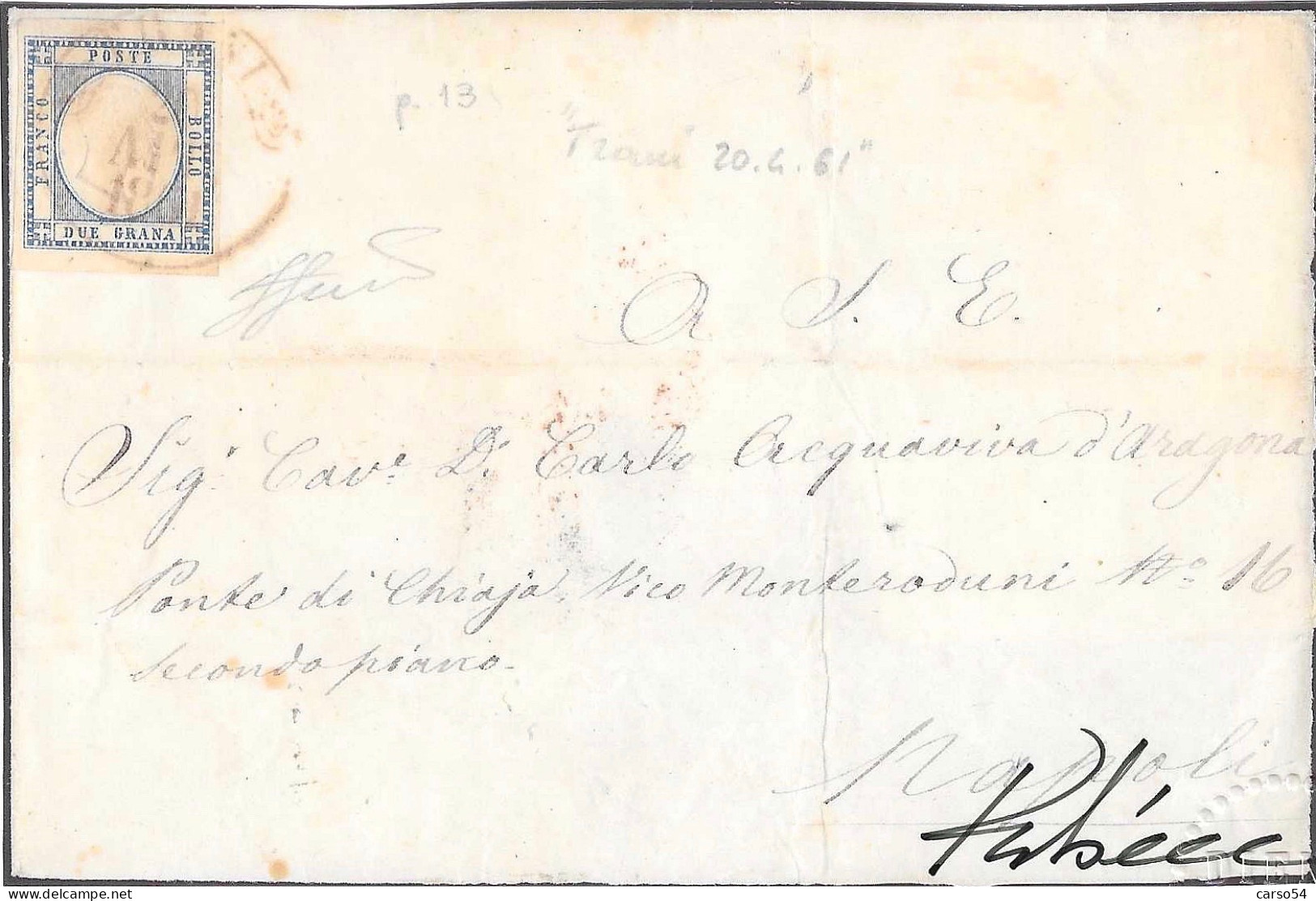 PROVINCE NAPOLETANE - 1861 - Lettera Da Trani Affrancata Con 2 Grana Azzurro (Sass. N. 20) Annullo P.ti 13 Valore 9.075 - Nápoles