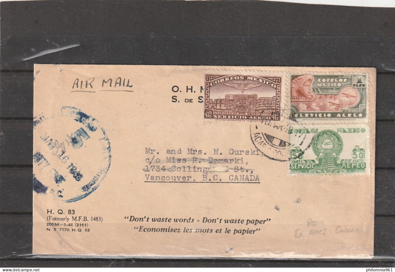 Mexico HMCS ONTARIO SHIP POST COVER To Canada 1948 - Mexico