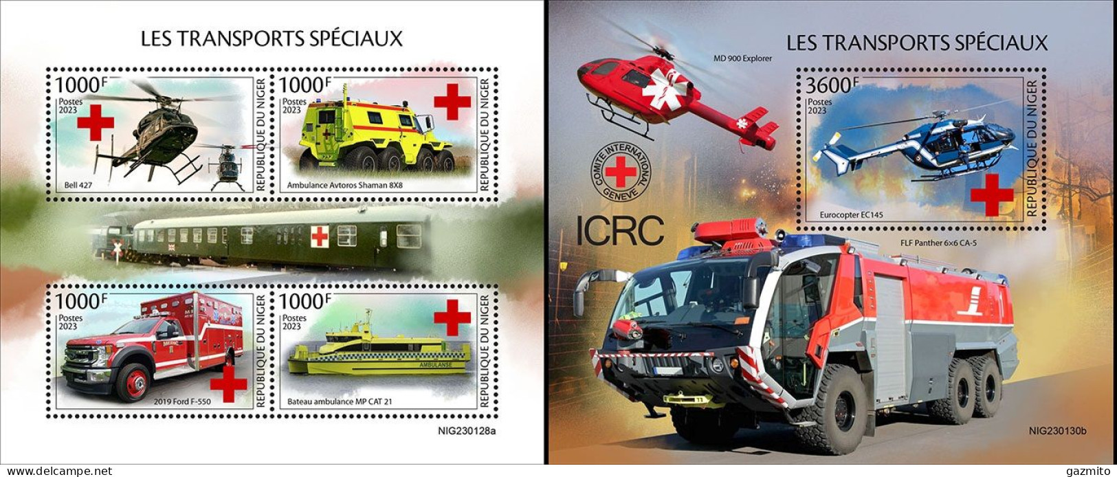 Niger 2023, Transport, Helicopters, Fire Engines, Red Cross, 4val In BF+BF - Níger (1960-...)