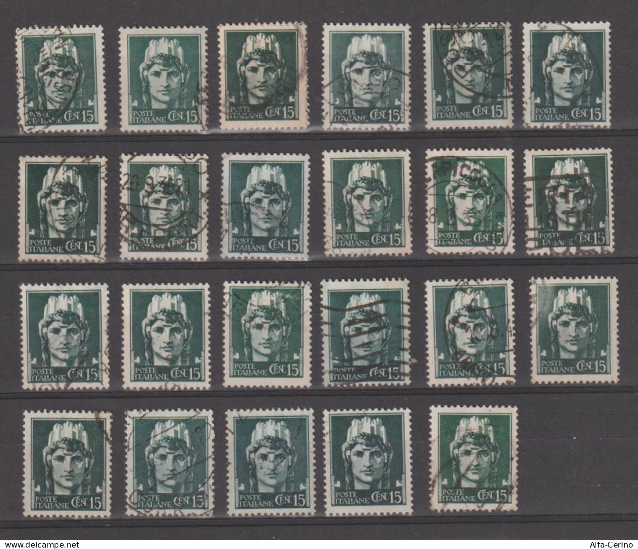 REGNO:  1929/42  IMPERIALE  -  15 C.  VERDE  GRIGIO  US. -  RIPETUTO  23  VOLTE  -  SASS. 246 - Oblitérés