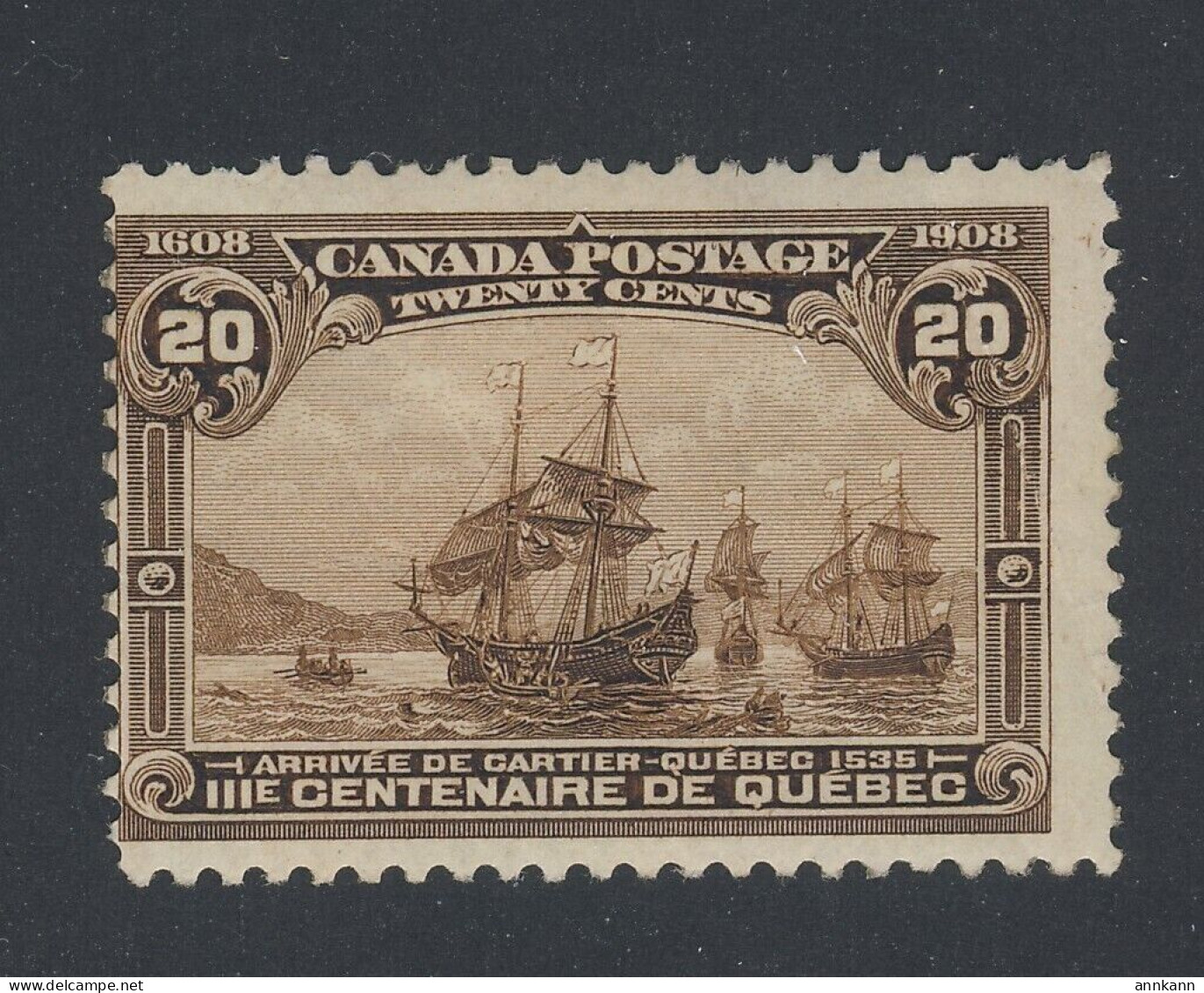 Canada 1908 Quebec Stamp; #103 - 20c MH Gum Crease Fine. Guide Value = $150.00 - Neufs