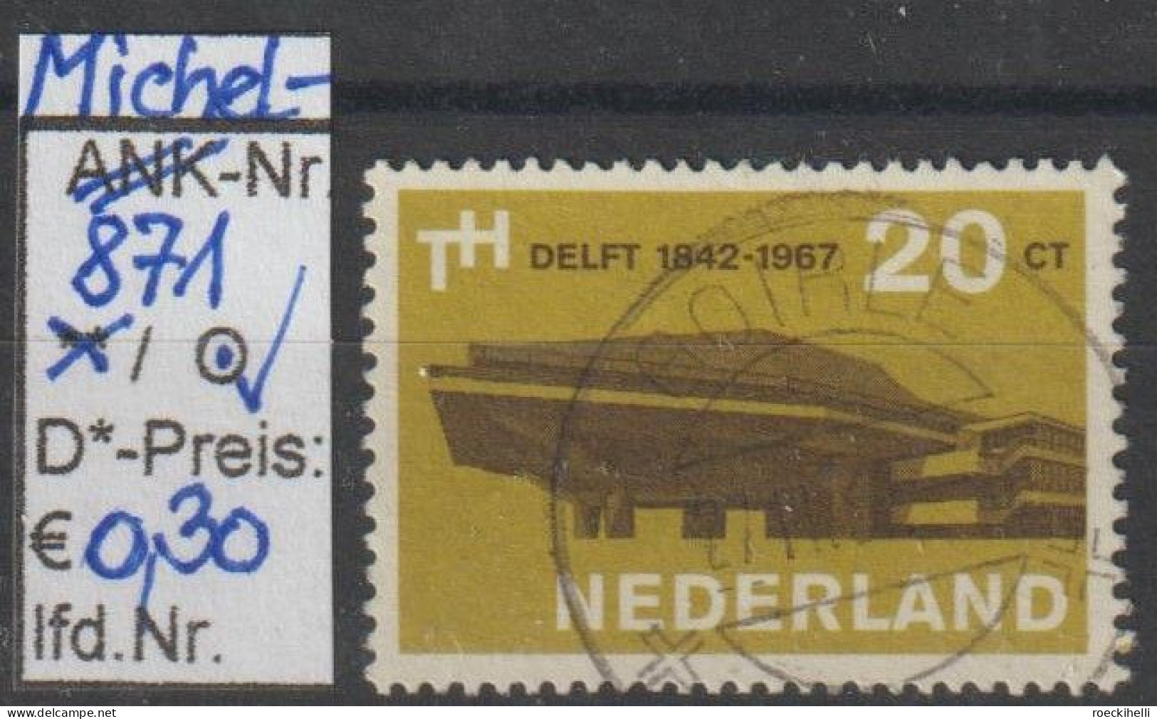 1967- NIEDERLANDE - SM "125 J. Techn. Hochschule Delft" 20 C Gelboliv/dkl'braun - O  Gestempelt - S. Scan (871o Nl) - Used Stamps