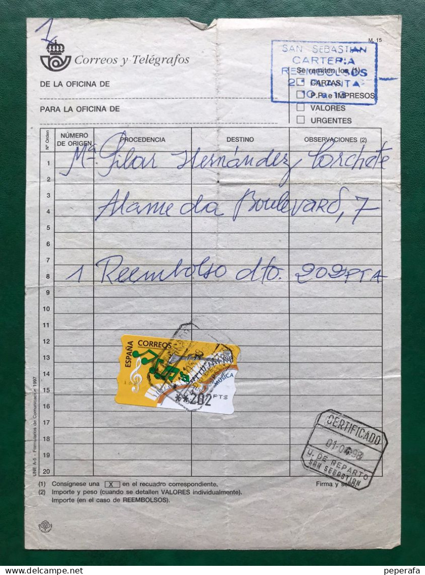 España Spain 1997, ATM MÚSICA, DOCUMENTO POSTAL REEMBOLSO 202 PTS, EPELSA, RARO!!! - Automaatzegels [ATM]