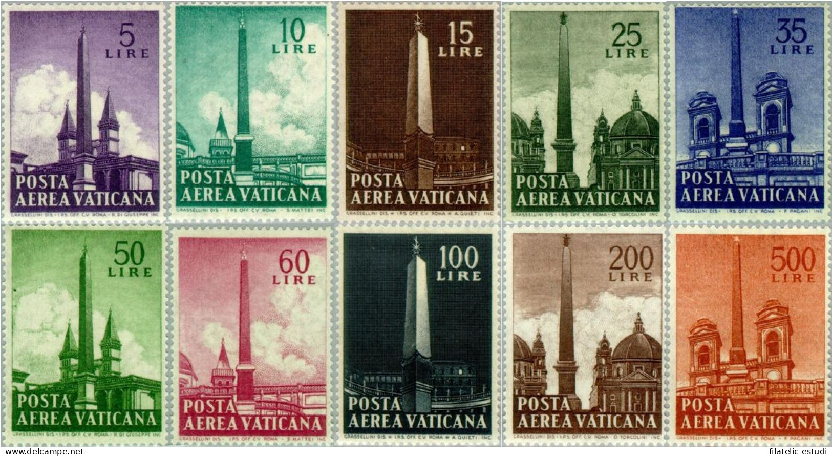 Vaticano Aéreo 35/44 1959  Serie Obeliscos MNH - Other & Unclassified