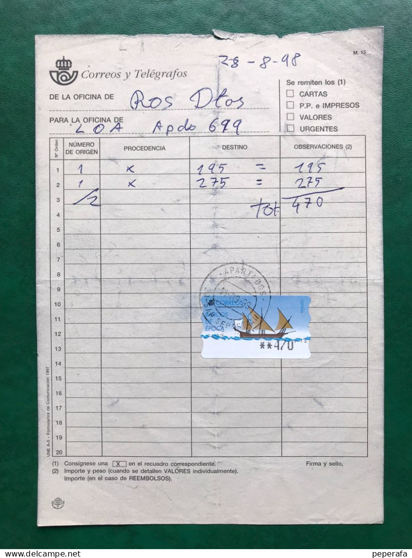 España Spain 1998, ATM BARCO DE ÉPOCA, DOCUMENTO POSTAL REEMBOLSO 470 PTS, EPELSA, RARO!!! - Vignette [ATM]