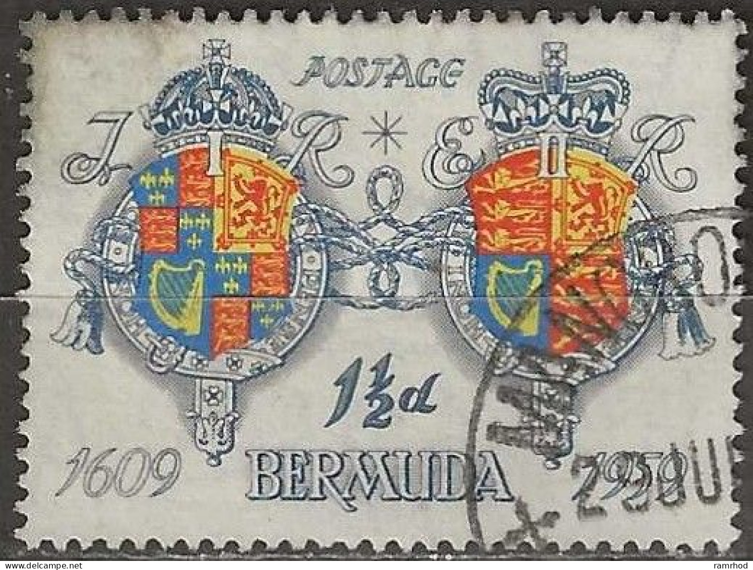 BERMUDA 1959 350th Anniversary Of Settlement - 11/2d Arms Of King James I And Queen Elizabeth II FU - Bermudes