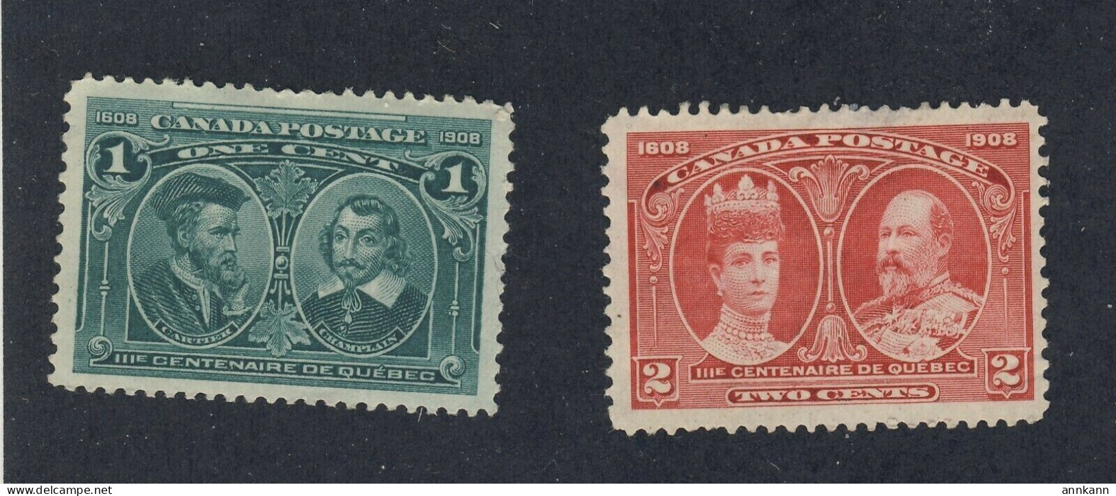 2x Canada 1908 Quebec Stamps #97-1c MNG VF #98-2c MH VF Guide Value = $120.00 - Unused Stamps