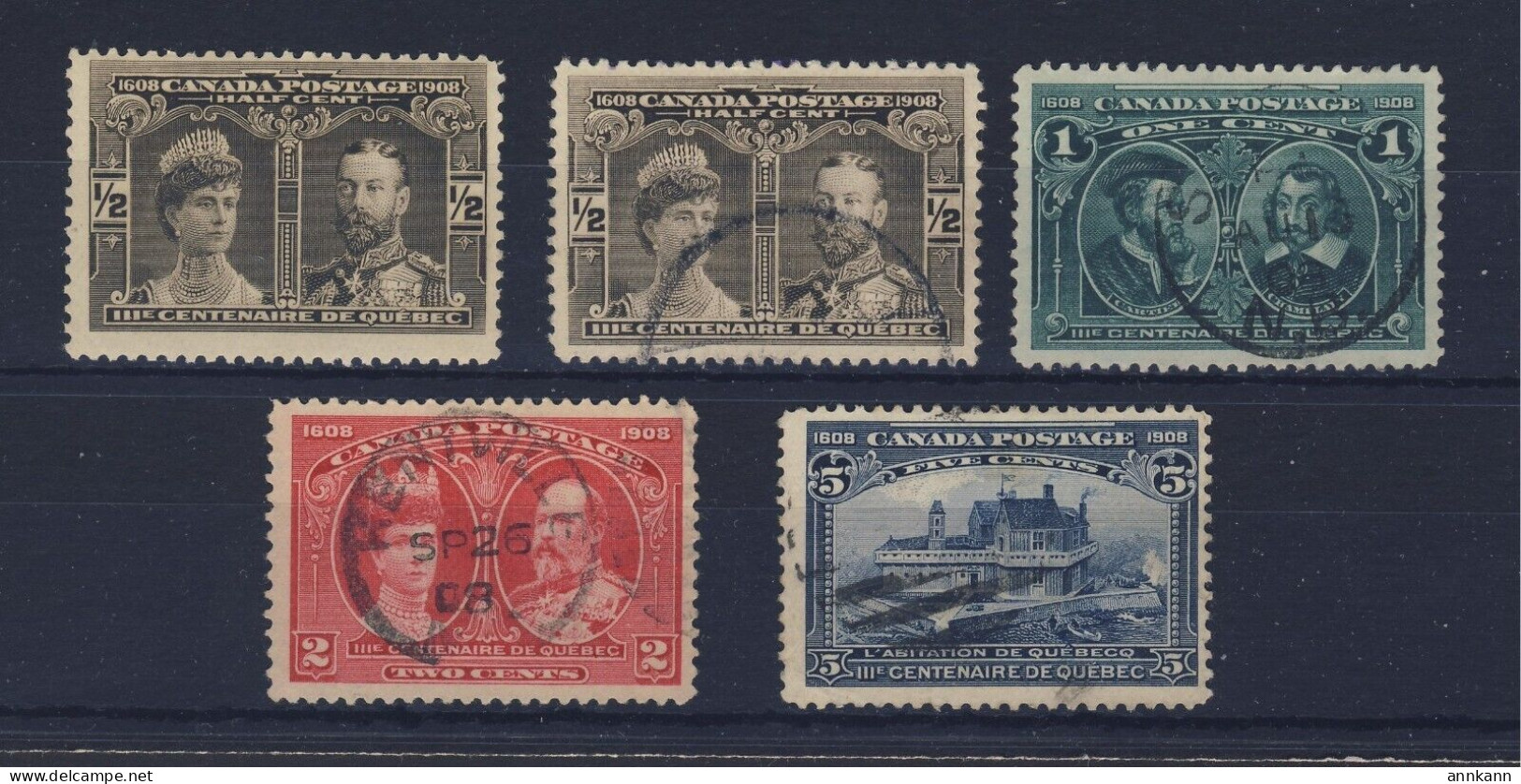 5x Canada 1908 Quebec Stamps #96-1/2c MNH #96 To 99 Used Guide Value = $85.00 - Unused Stamps