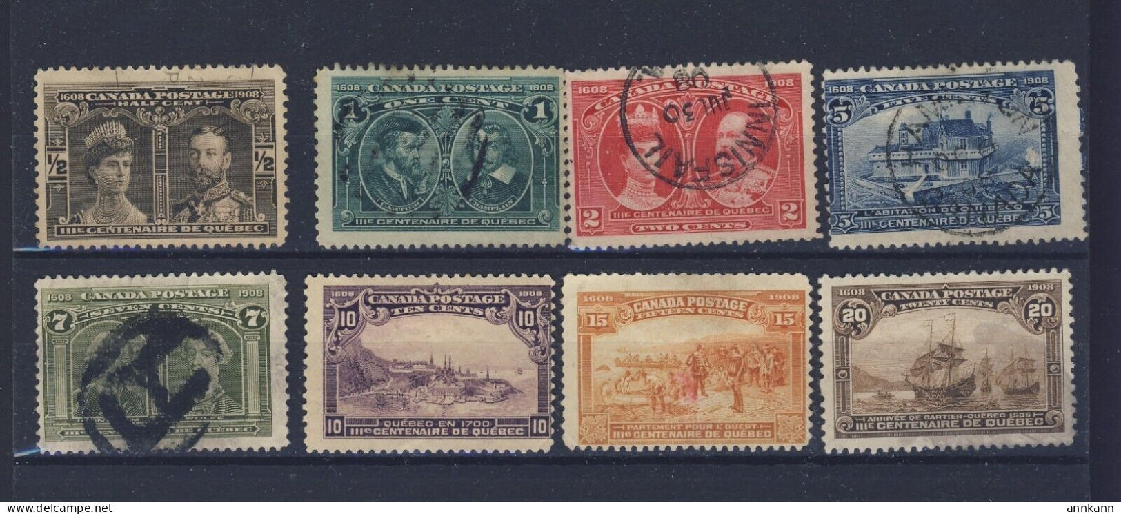 8x Canada 1908 Quebec Stamp Set; #96 To #103 -20c M&U Guide Value = $580.00 - Used Stamps